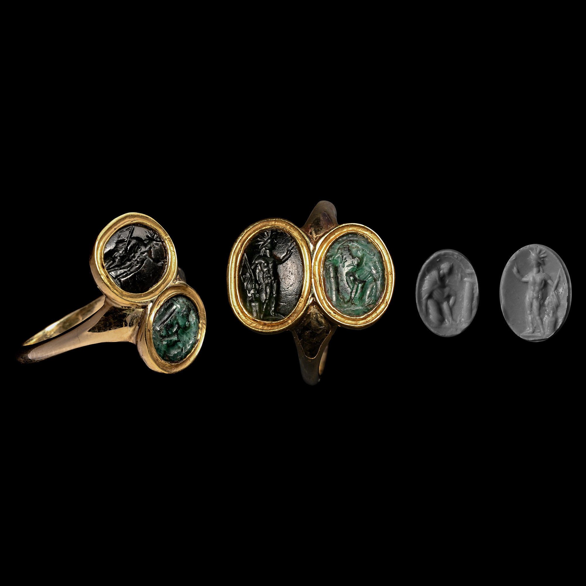 Roman Chrome Chalcedony Intaglios in Double Bezel Gold Ring