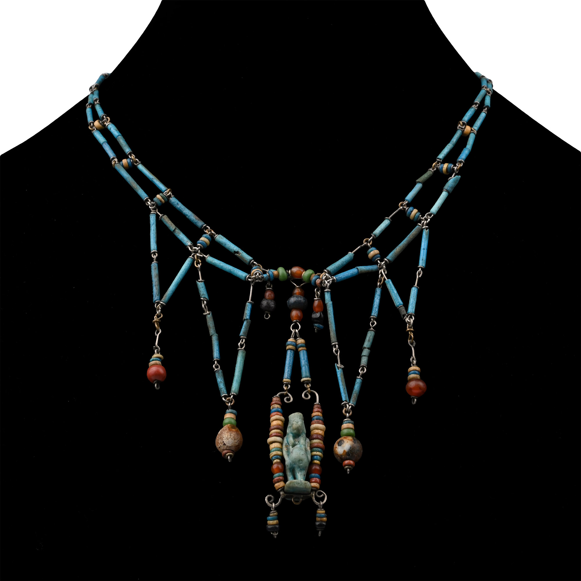 Egyptian Blue Faiance Bead Necklace with Taweret