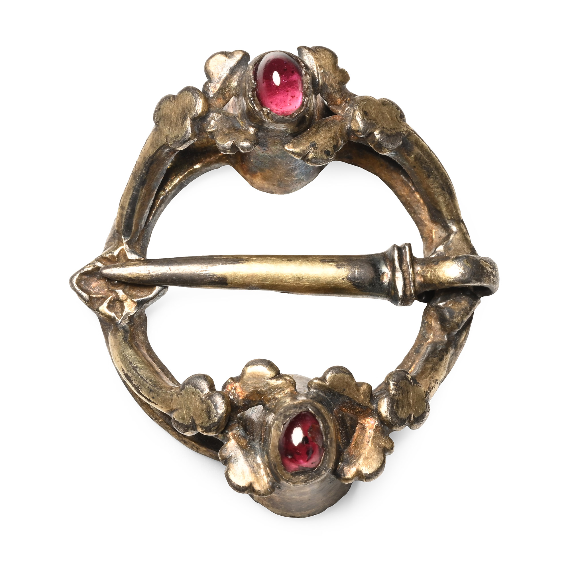 Medieval Silver-Gilt Ring Brooch with Garnet Cabochons