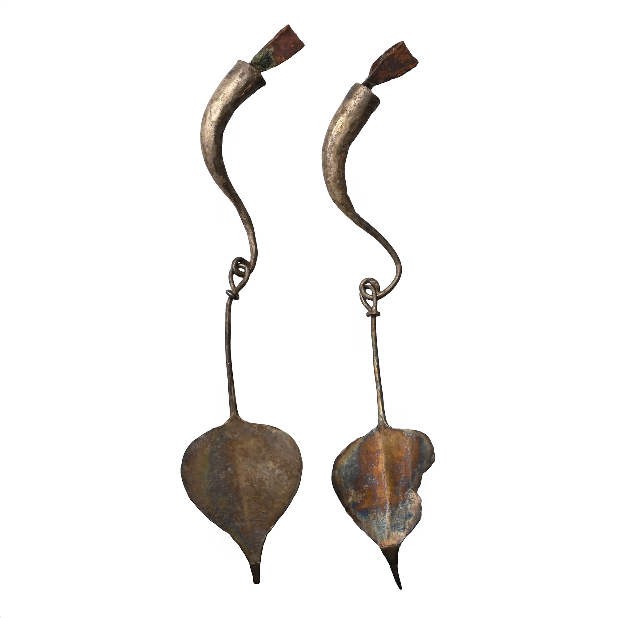 Sasanian Silver Earring Pair with Leaf-Shaped Droplets