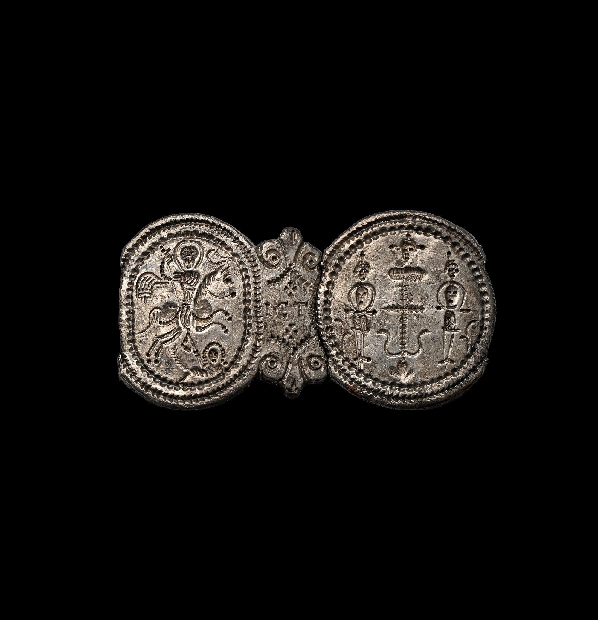 Byzantine Silver Bracelet Sections with Warrior Saint and Crucifixion