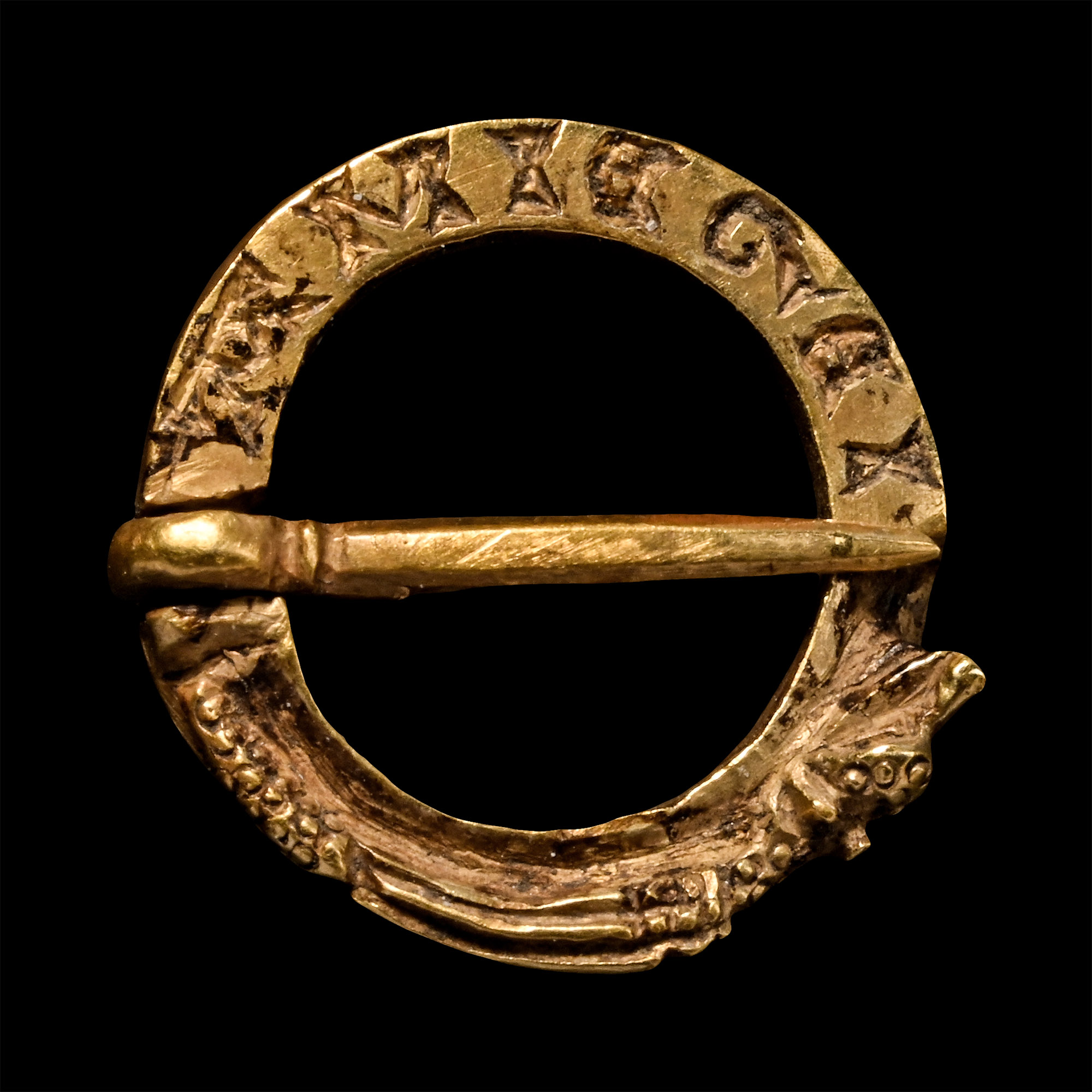 Medieval Gold Dragon Ring Brooch with Inscription