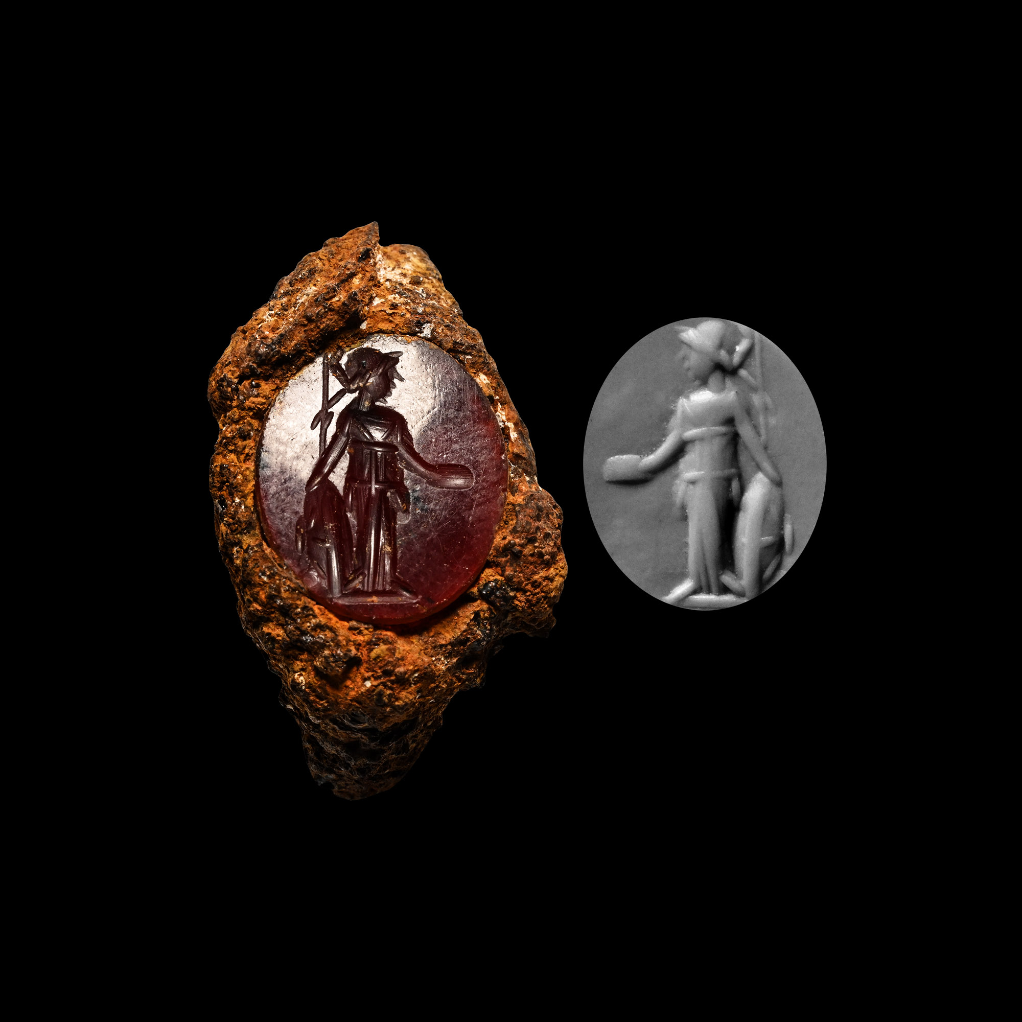 Roman Carnelian Gemstone with Minerva in Iron Bezel