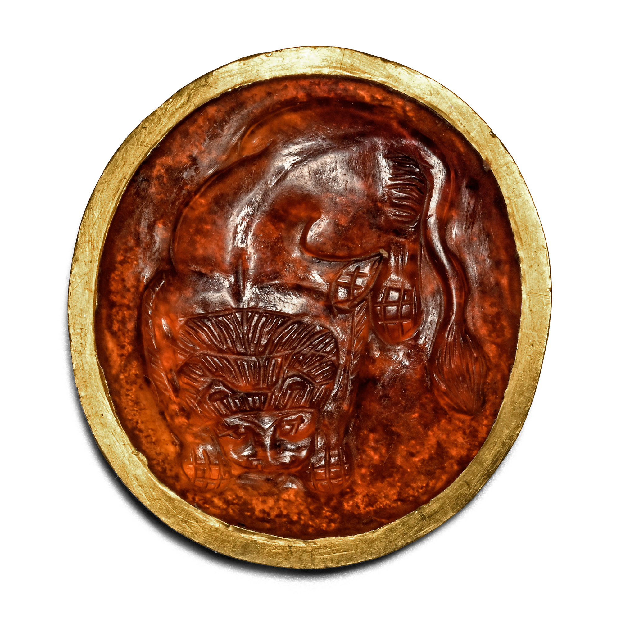Roman Carnelian Cameo of a Crouching Lion in Gold Mount