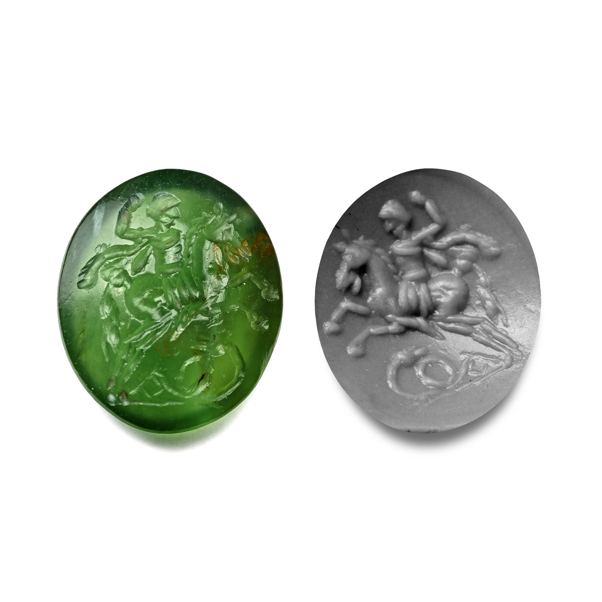 Roman Green Chalcedony Gemstone of Horse and Rider with a Snake