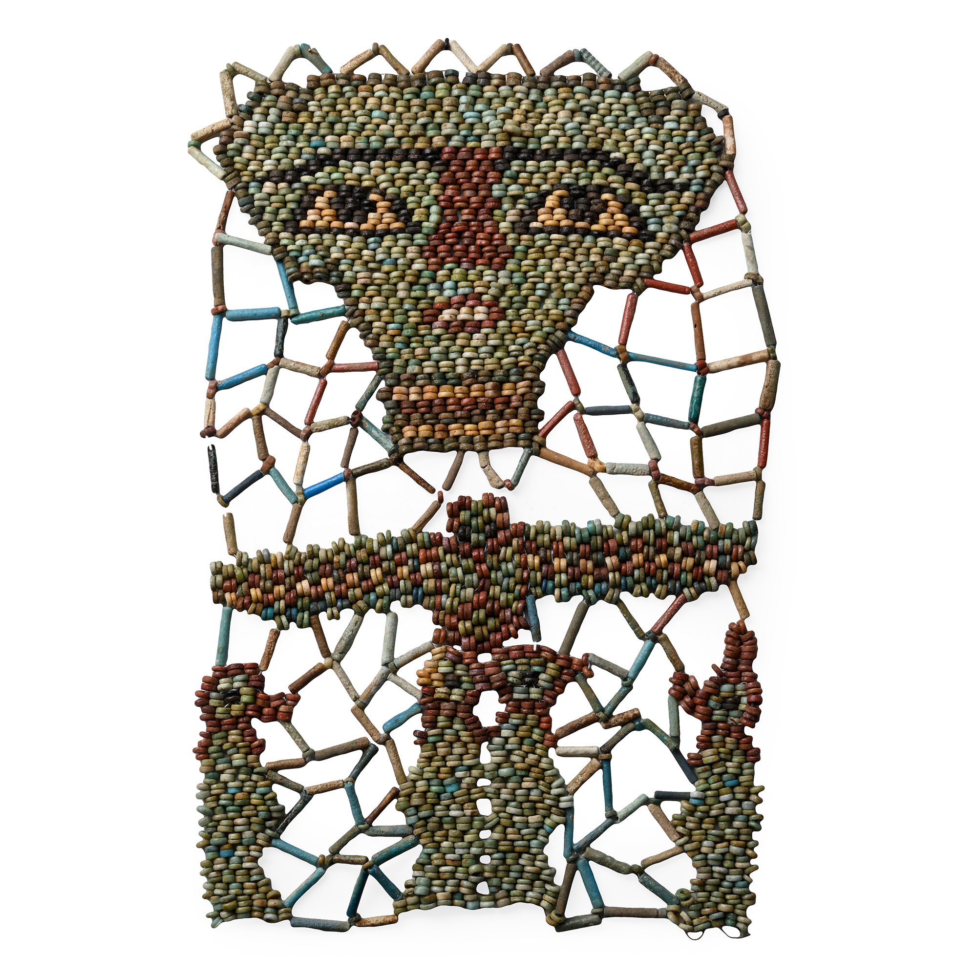 Egyptian Faience Mummy Bead Mask with Scarab and Four Sons of Horus