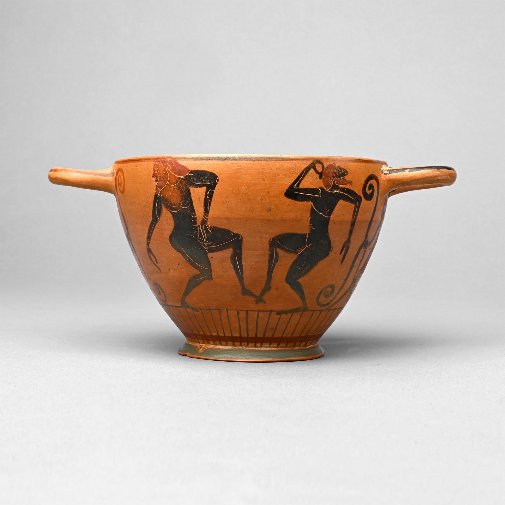 Greek Black-Figure Skyphos with Dancing Satyrs by the Komast Painter Group