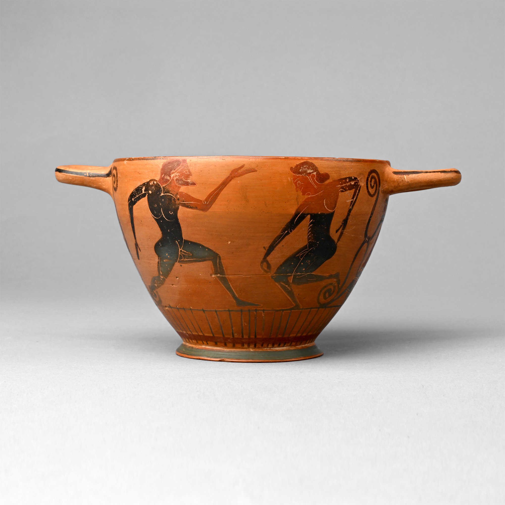 Greek Black-Figure Skyphos with Dancing Satyrs by the Komast Painter Group