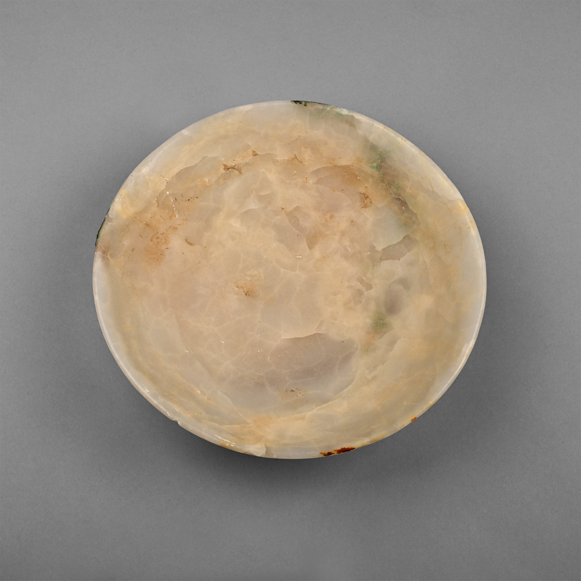 Large Bactrian Alabaster Bowl with Bronze-Encrusted Base