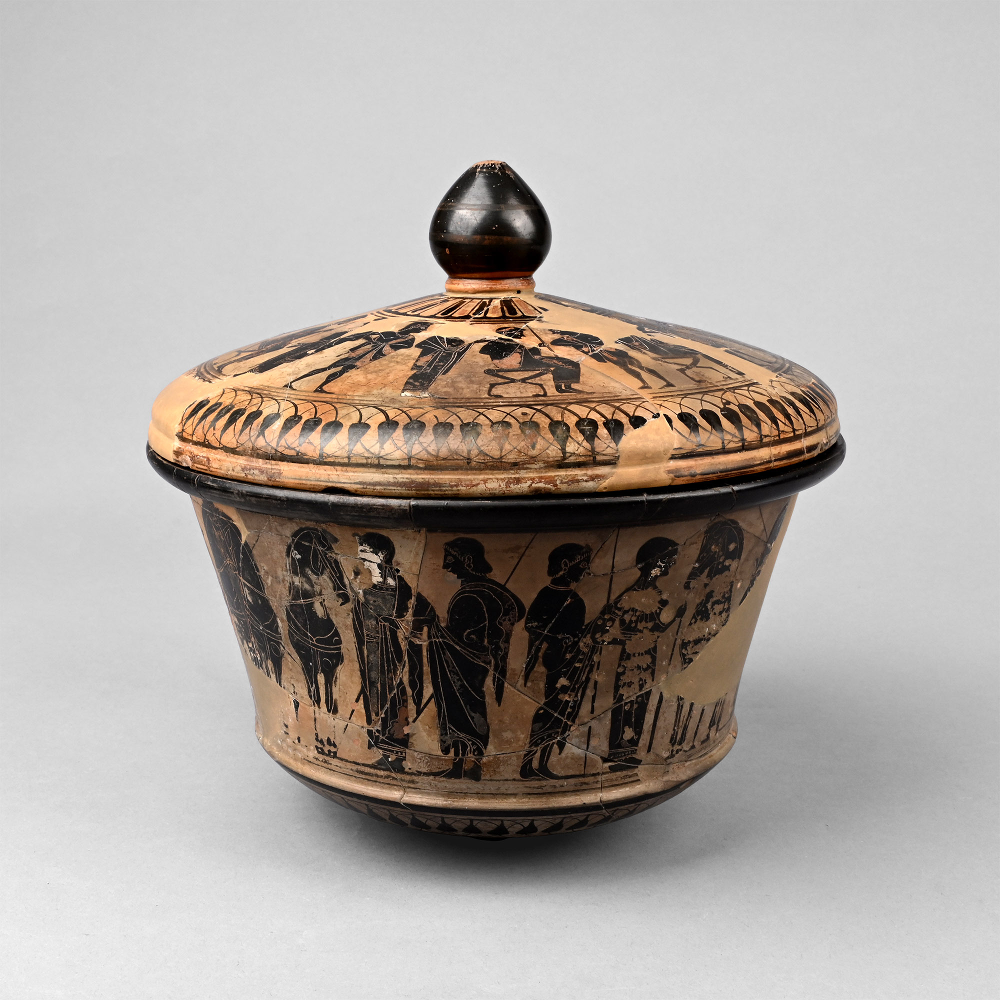 Greek Terracotta Black-Figure Pyxis with Chariot