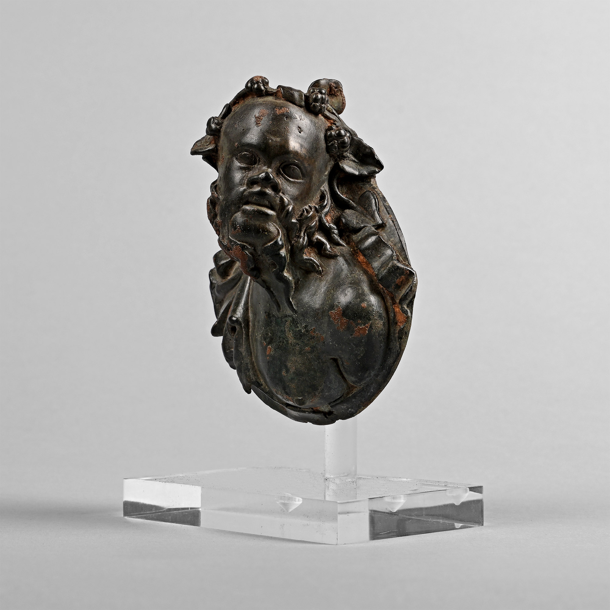 Roman Bronze Chariot Mount with Bust of Silenus
