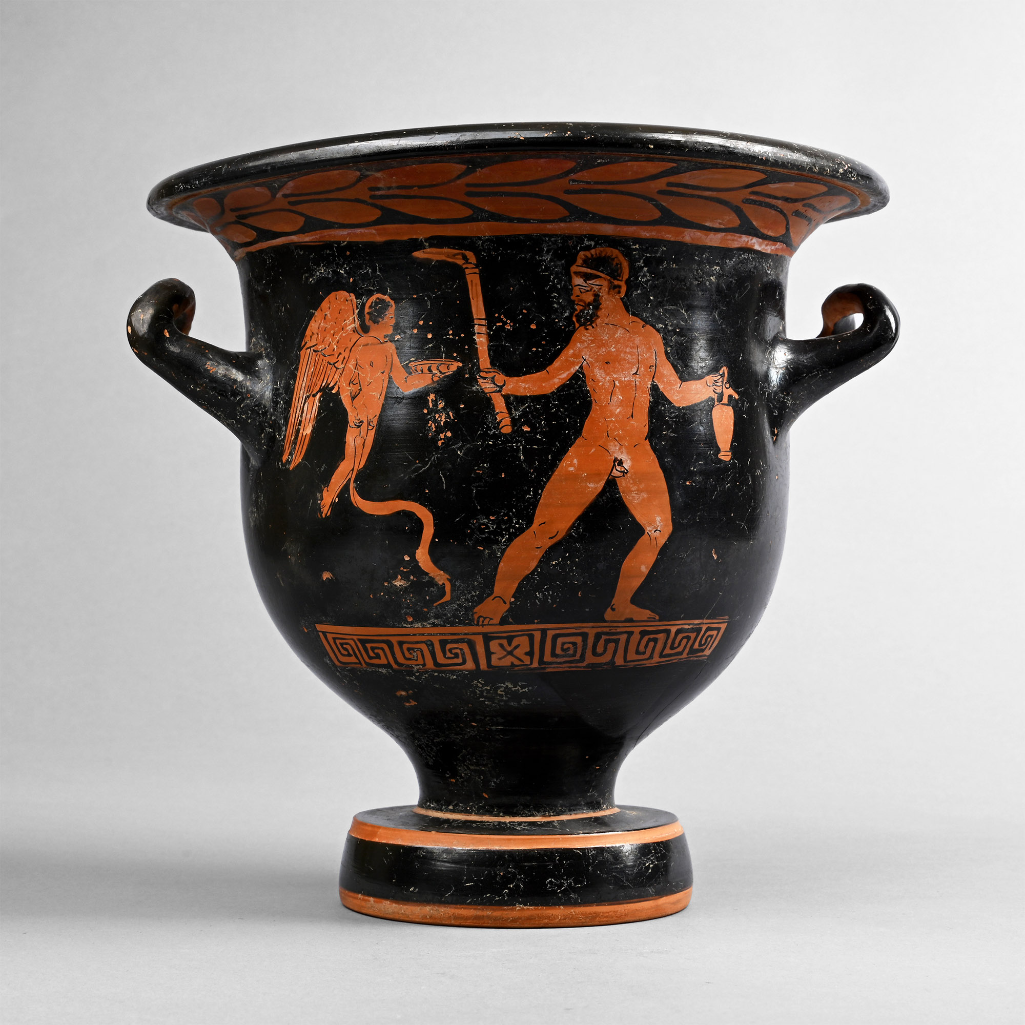 Greek Red-Figure Bell Krater with Satyr and Eros