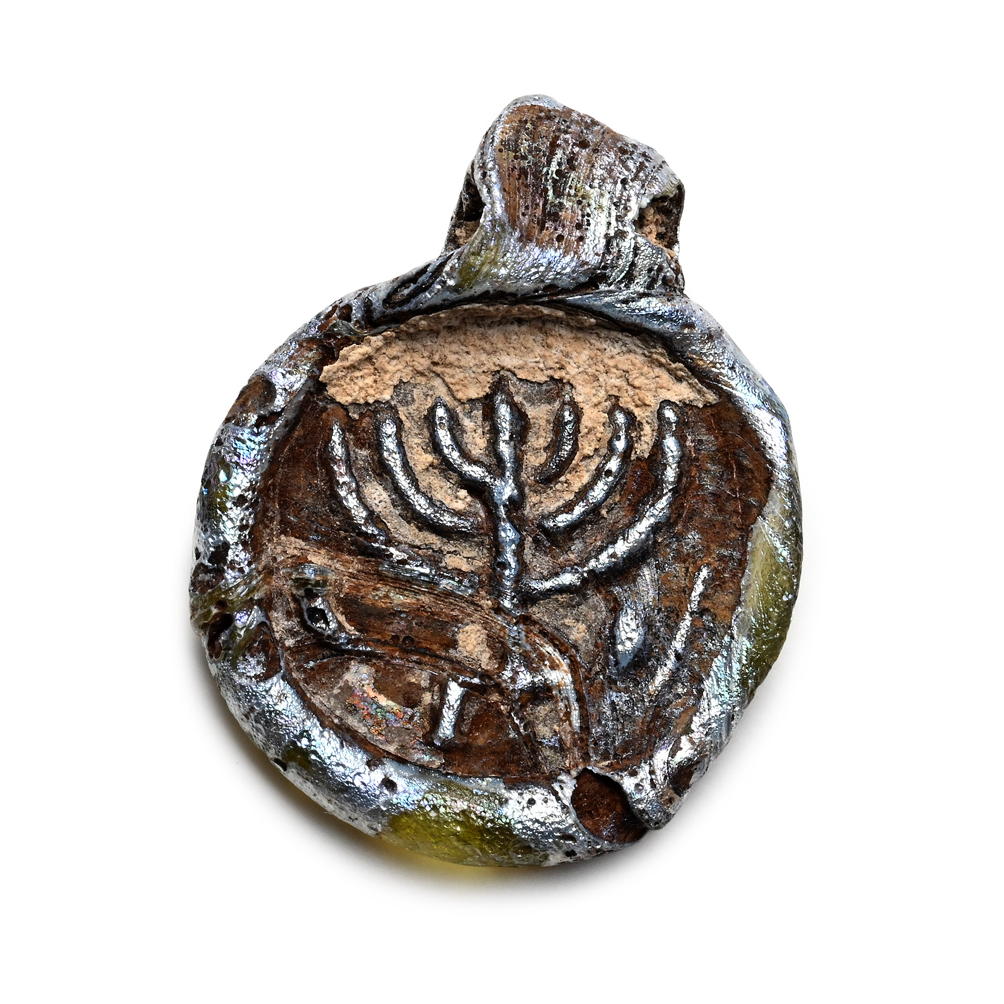 Eastern Roman Glass Pendant with Menorah