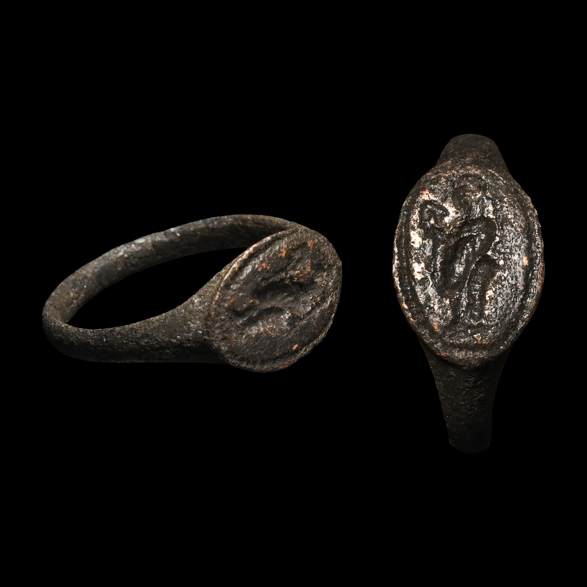 Graeco-Parthian Bronze Ring with Courtesan Holding a Flower