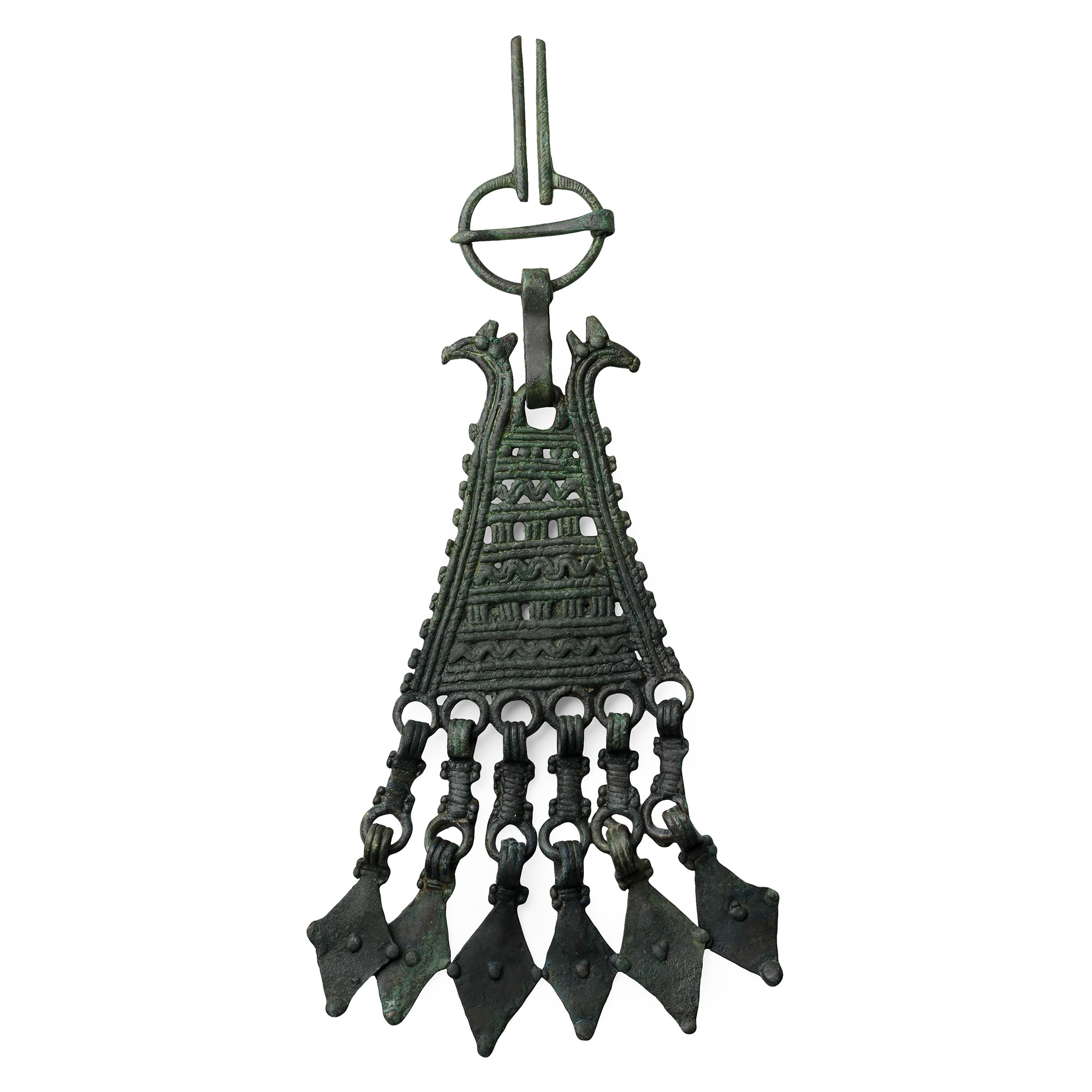 Viking Period Bronze Brooch with Pendant and Lozenge-Shaped Drops
