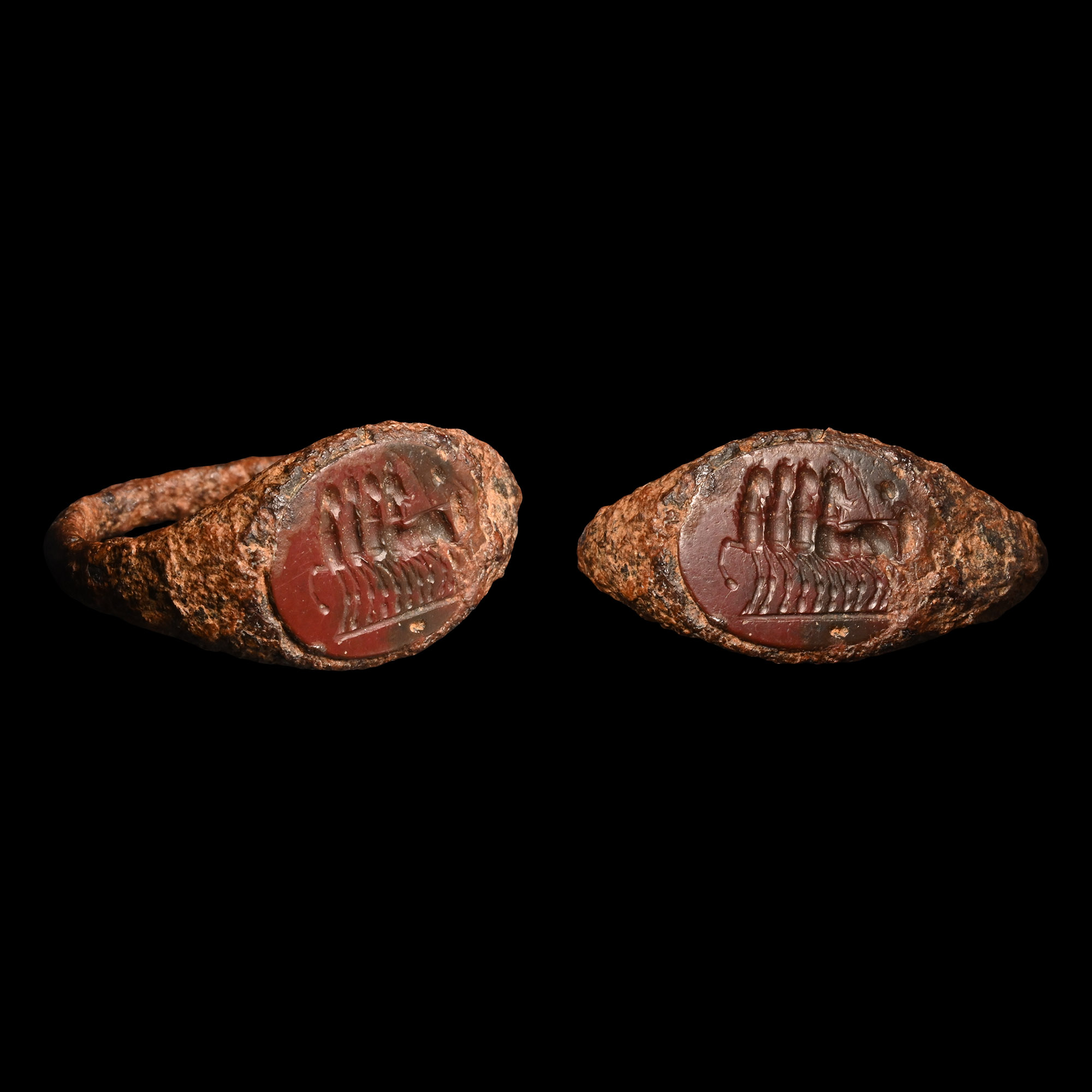 Roman Iron Ring with Jasper Intaglio of a Quadriga