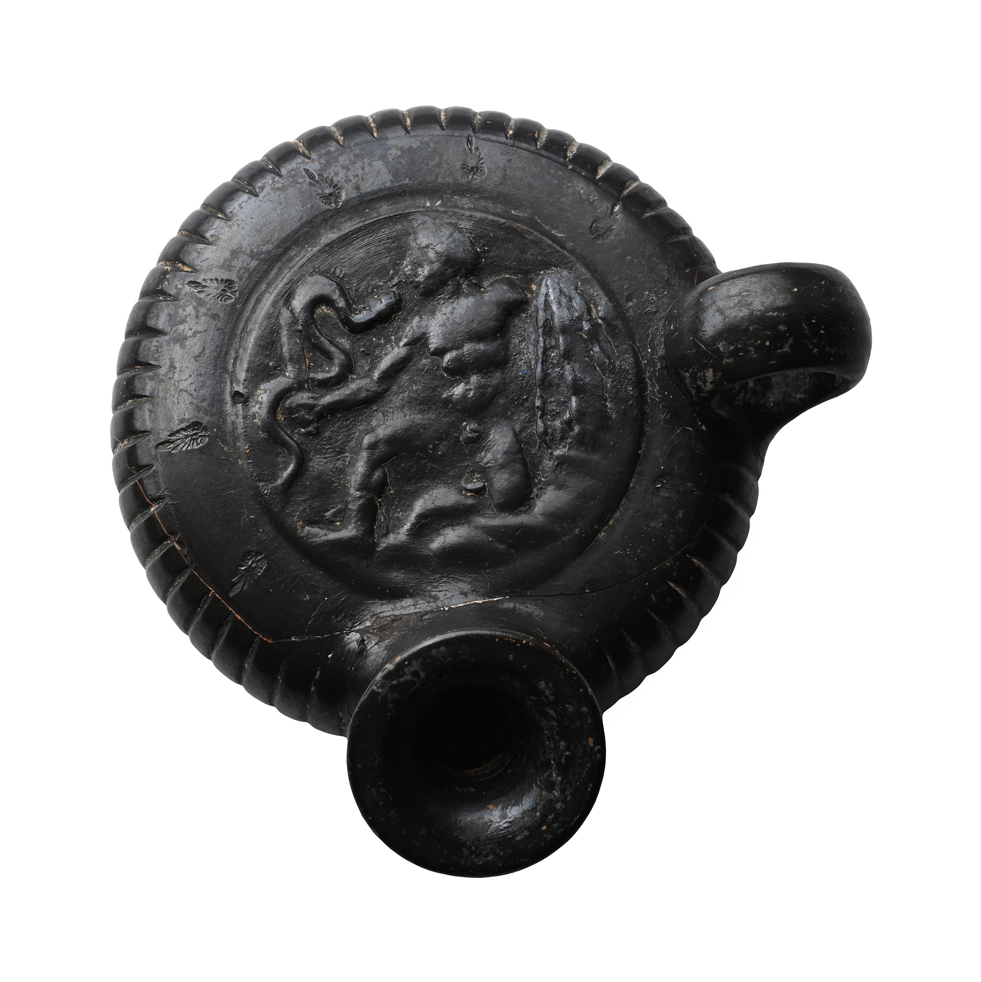 Greek Black-Glazed Guttus with Infant Hercules