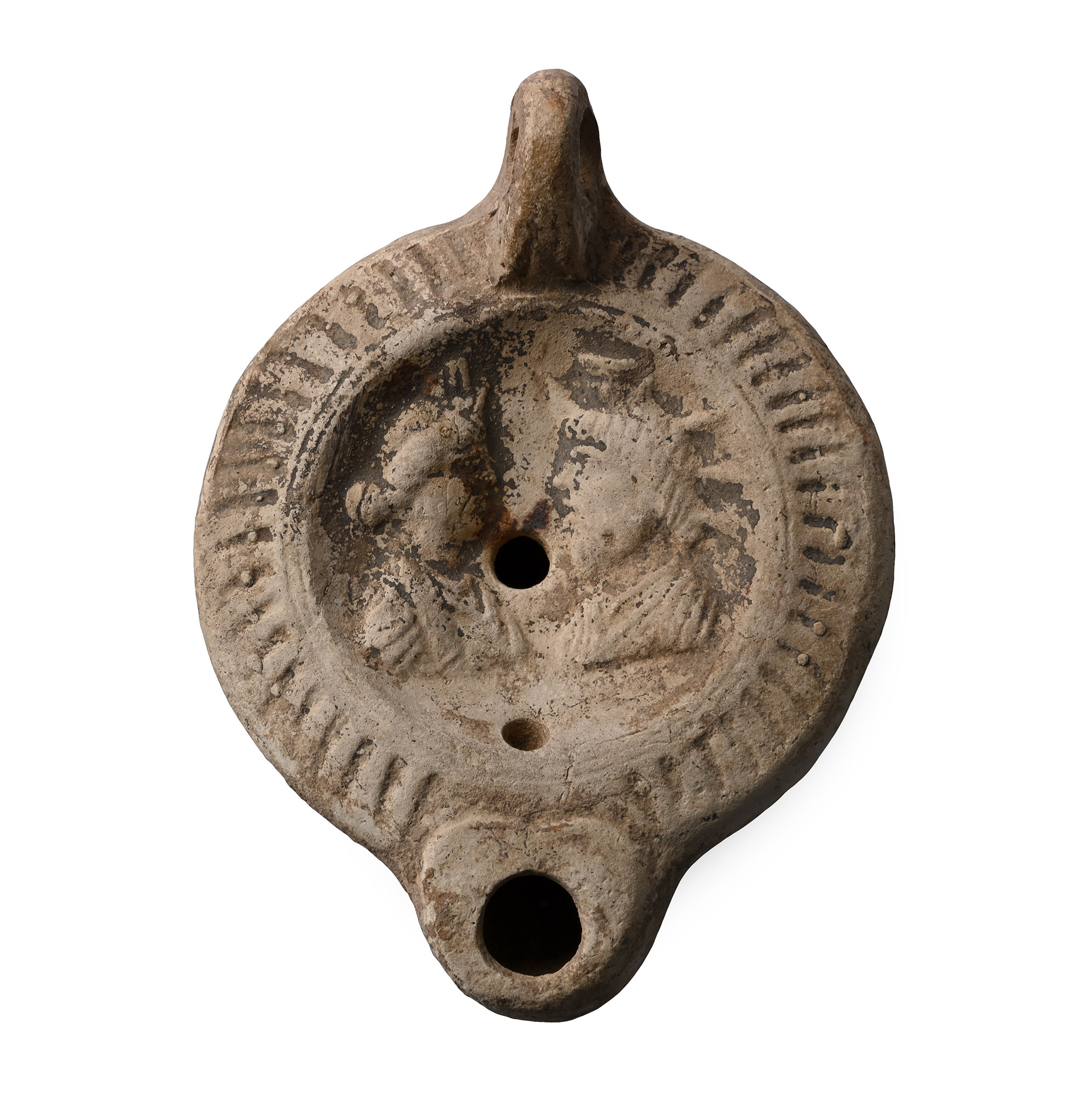 Roman Terracotta Oil Lamp with Isis and Serapis
