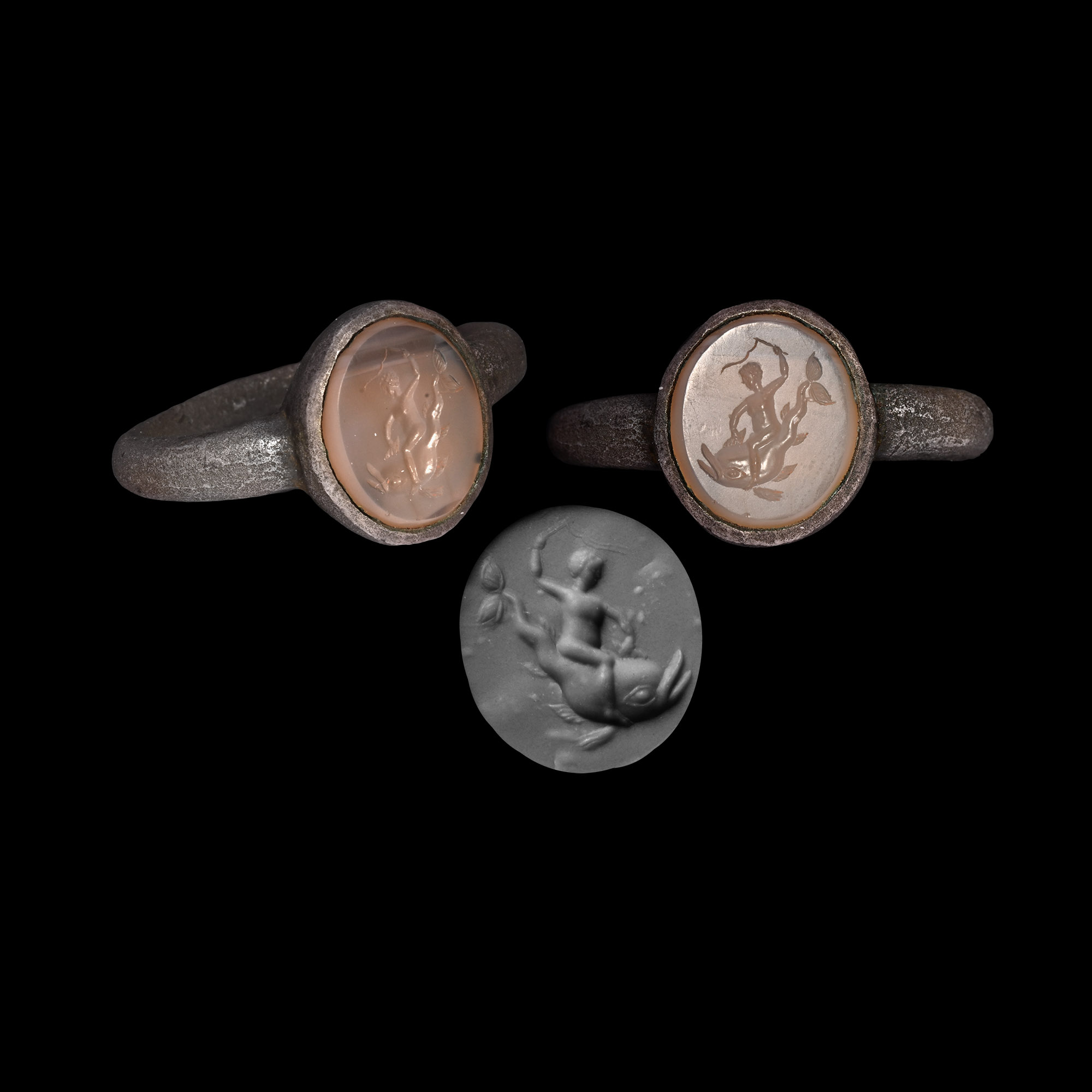 Roman Silver Ring with Gemstone of Cupid Riding a Dolphin