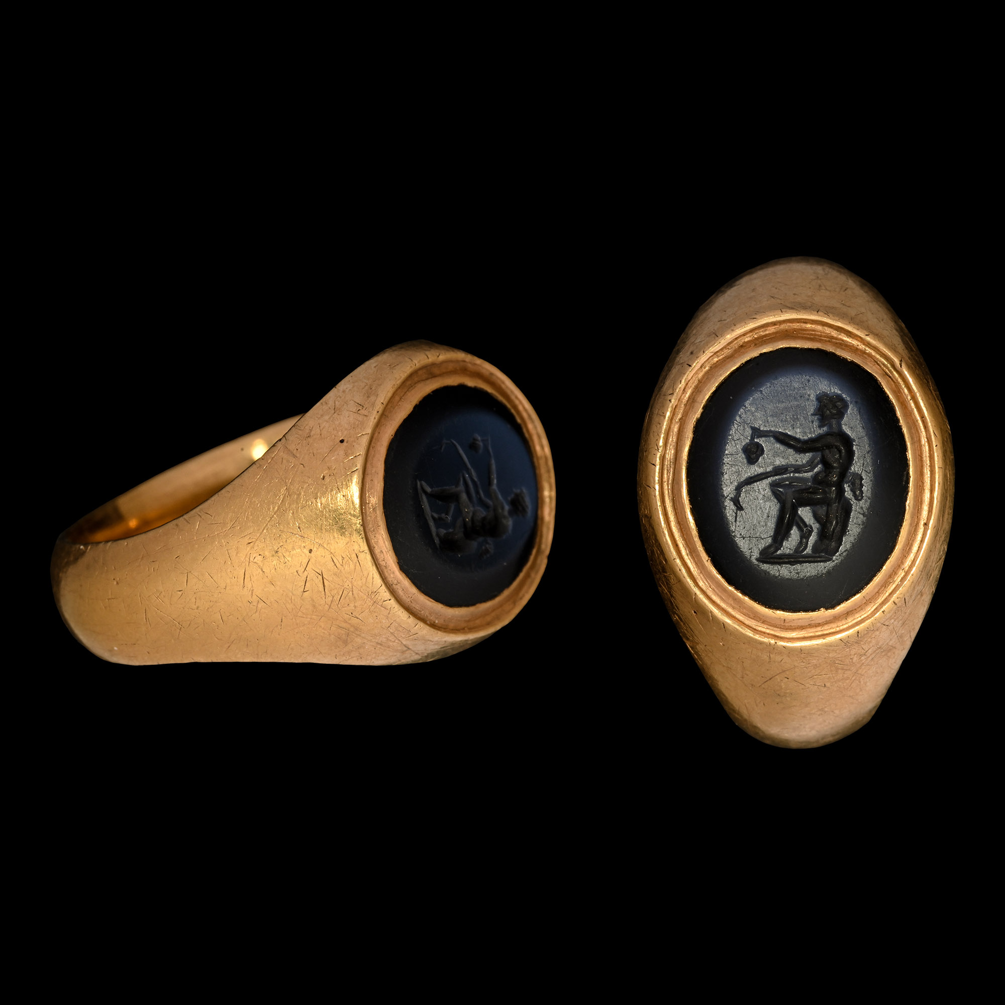 Roman Nicolo Gemstone with Seated Satyr in Gold Ring