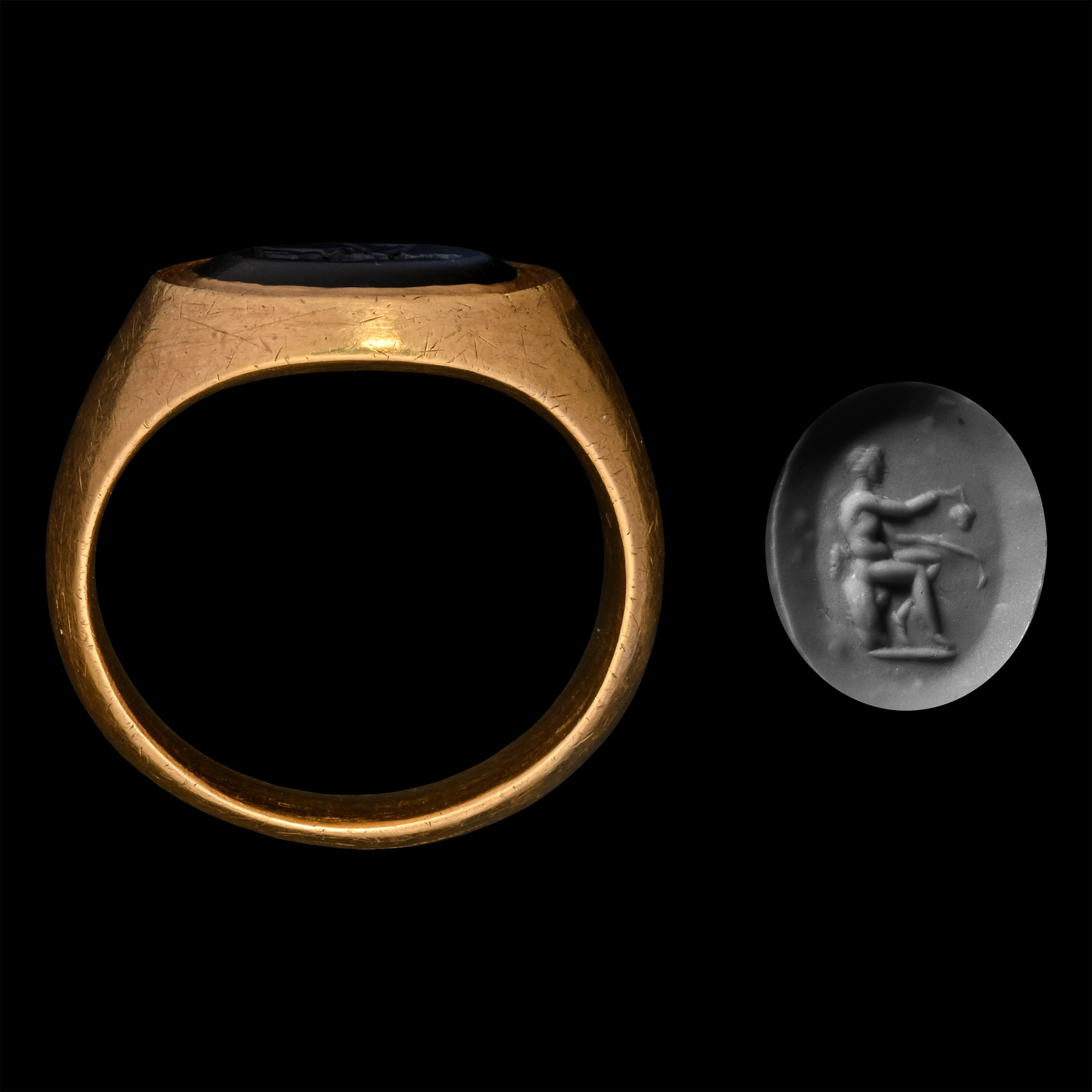 Roman Nicolo Gemstone with Seated Satyr in Gold Ring