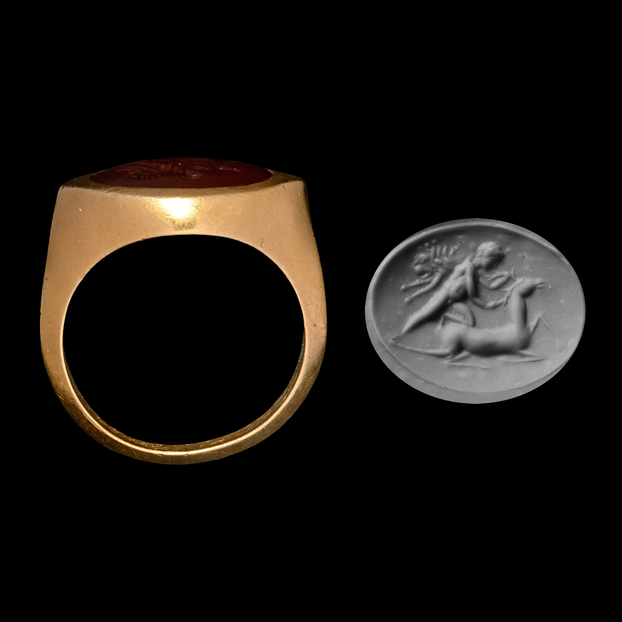 Roman Gemstone of Hercules with Ceryneian Hind in Gold Ring
