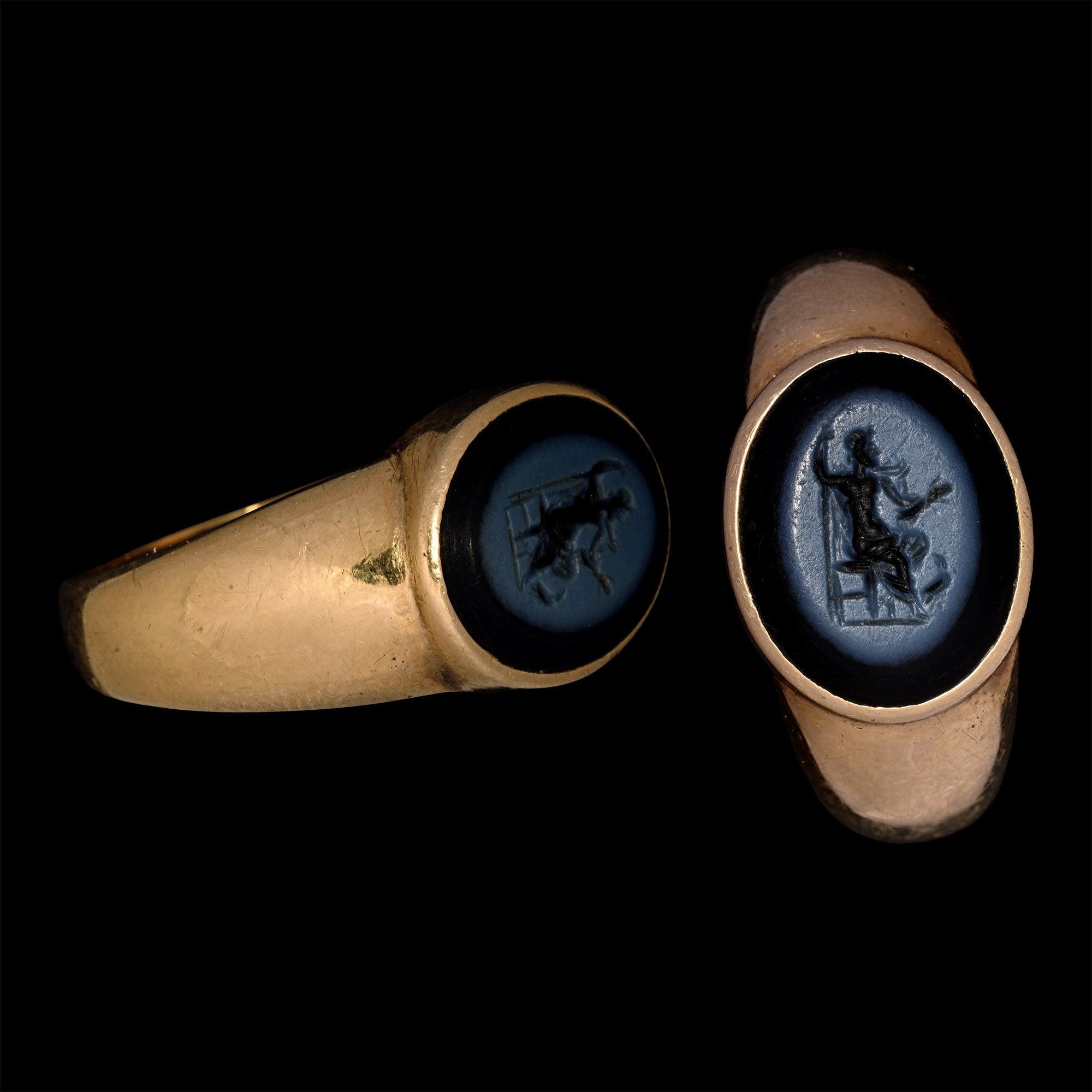 Roman Nicolo Gemstone with Seated Jupiter with Eagle in Gold Ring
