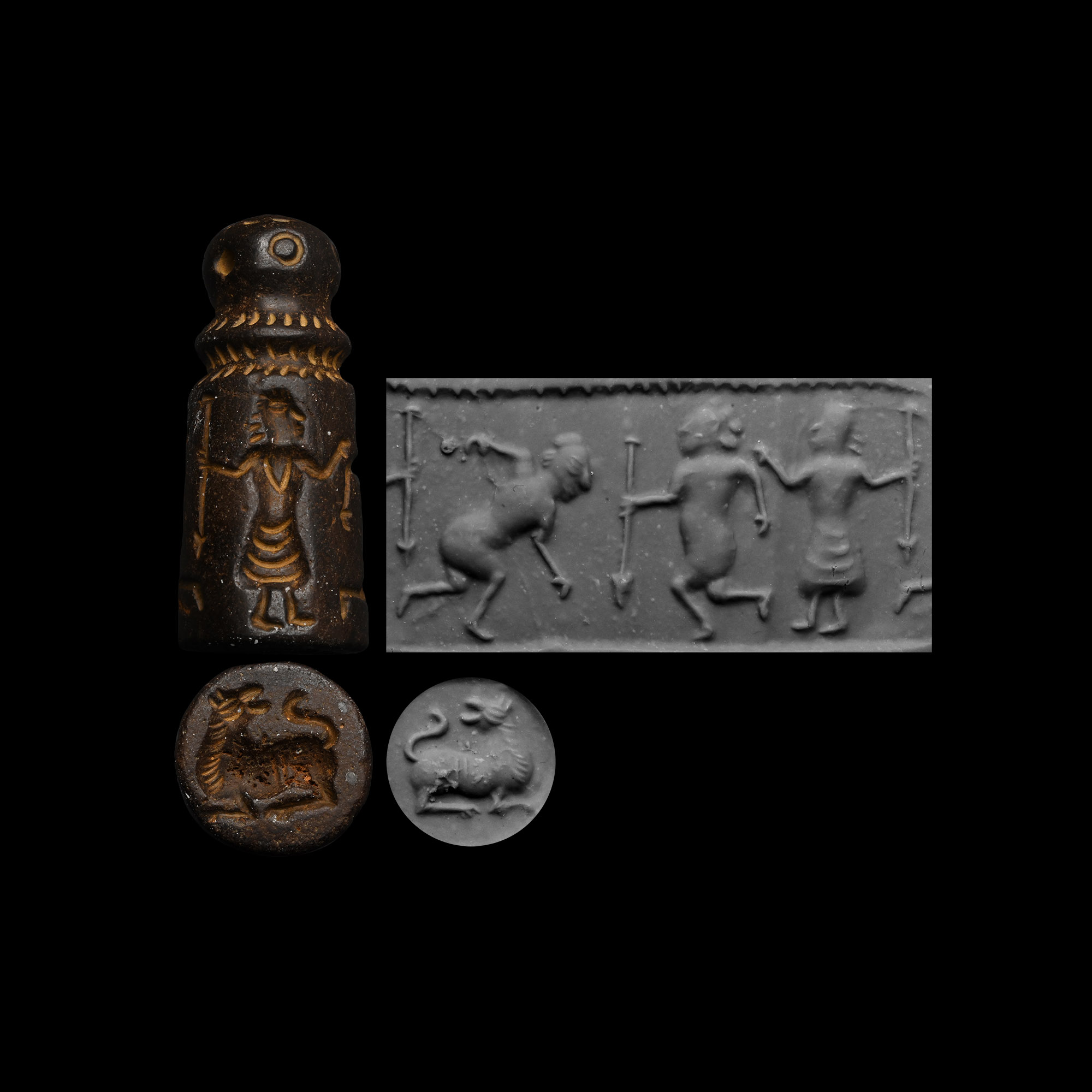 Large Mesopotamian Stone Stamp Seal with Lion and Figural Scene