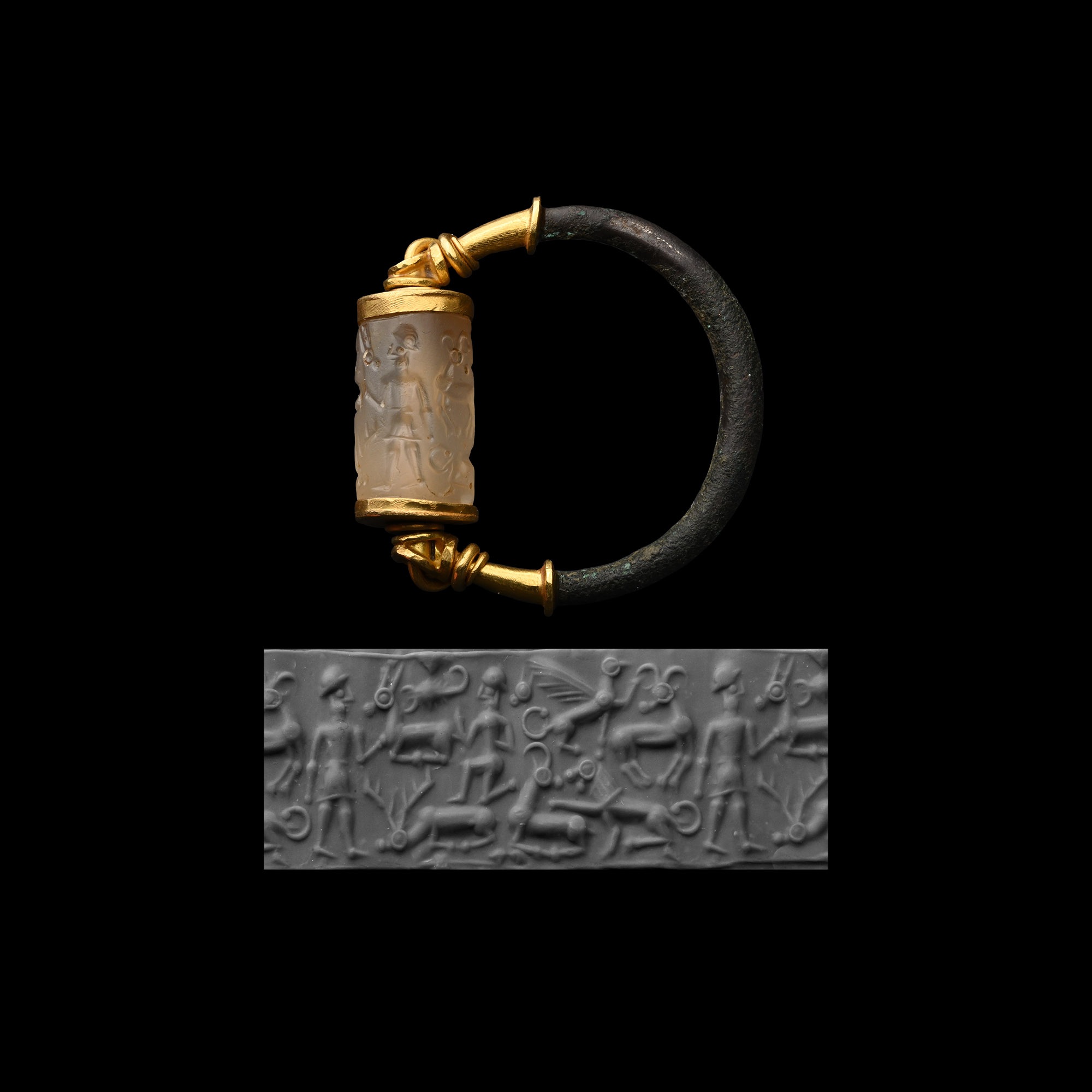 Mitanni Cylinder Seal with Animals in Gold Mounting