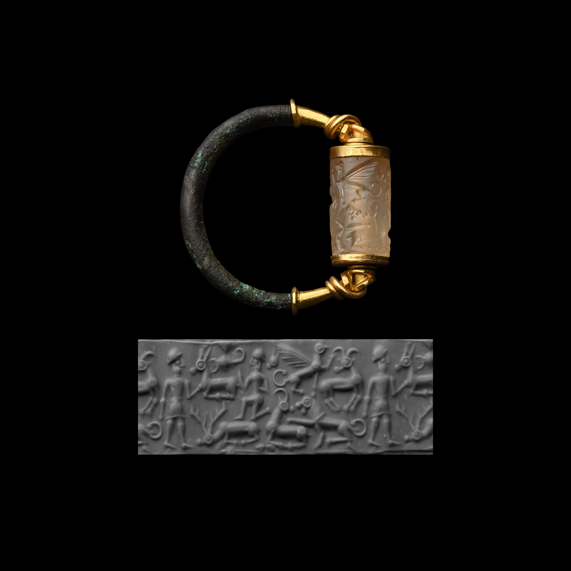Mitanni Cylinder Seal with Animals in Gold Mounting
