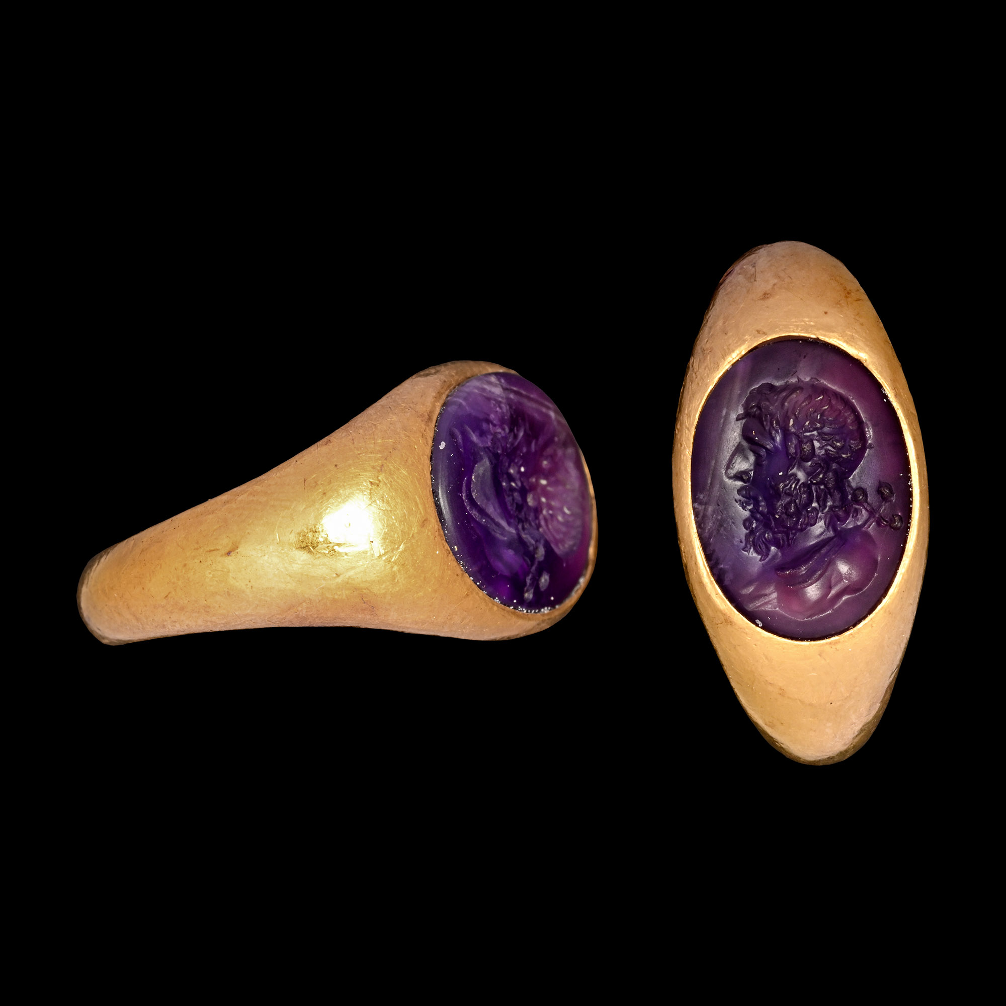 Eastern Byzantine Amethyst Gemstone of a Male Bust with Cross in Gold Ring
