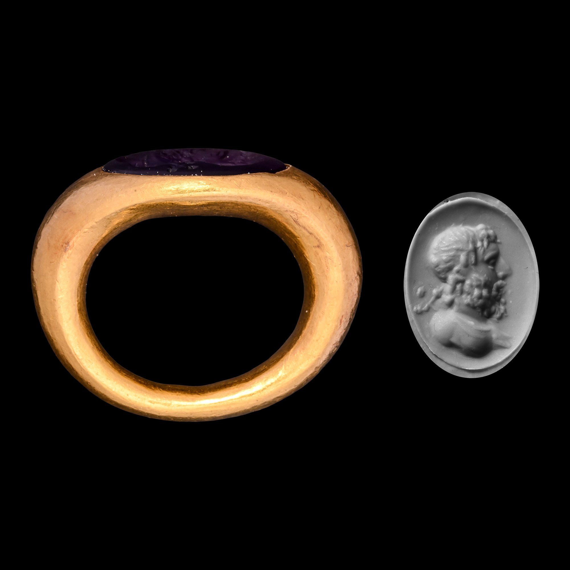 Eastern Byzantine Amethyst Gemstone of a Male Bust with Cross in Gold Ring