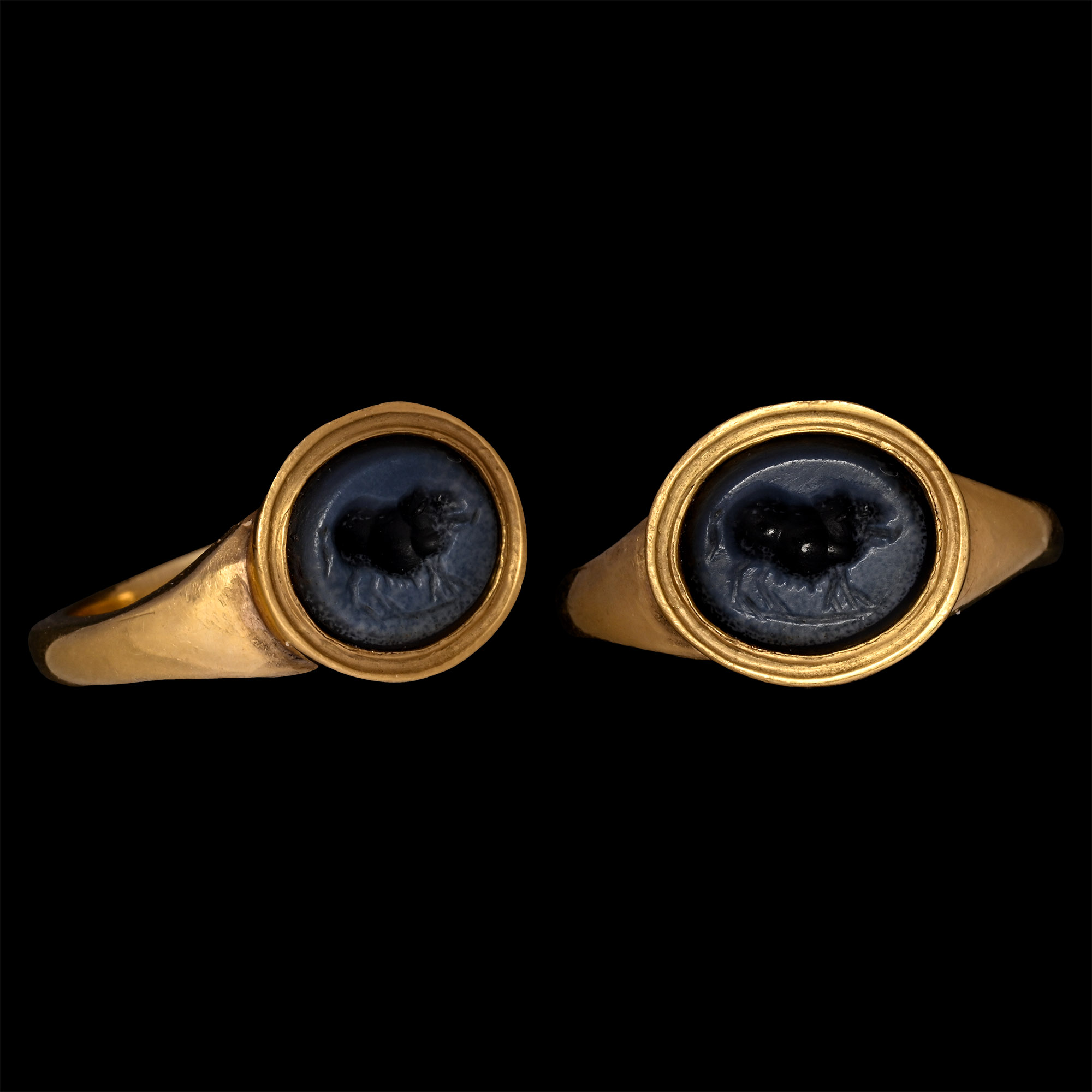 Roman Nicolo Gemstone of Sow in Gold Ring