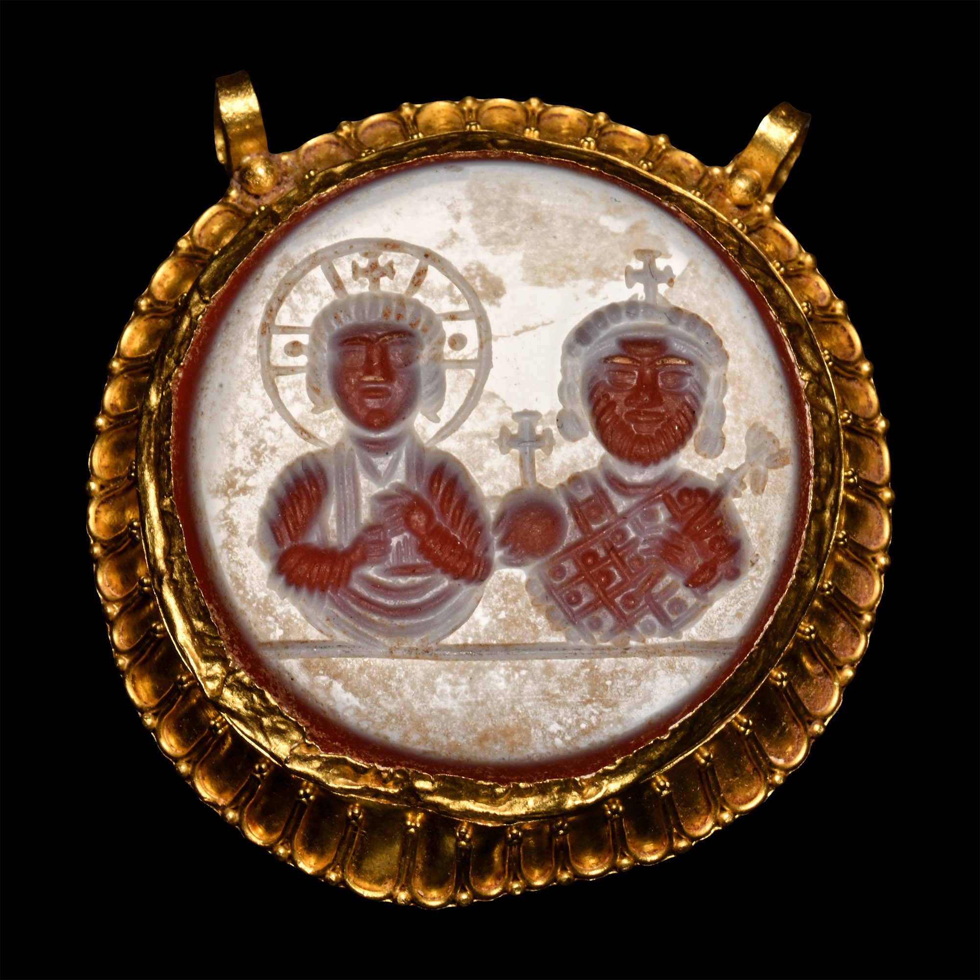 Large Byzantine Style Agate Gemstone in Gold Pendant