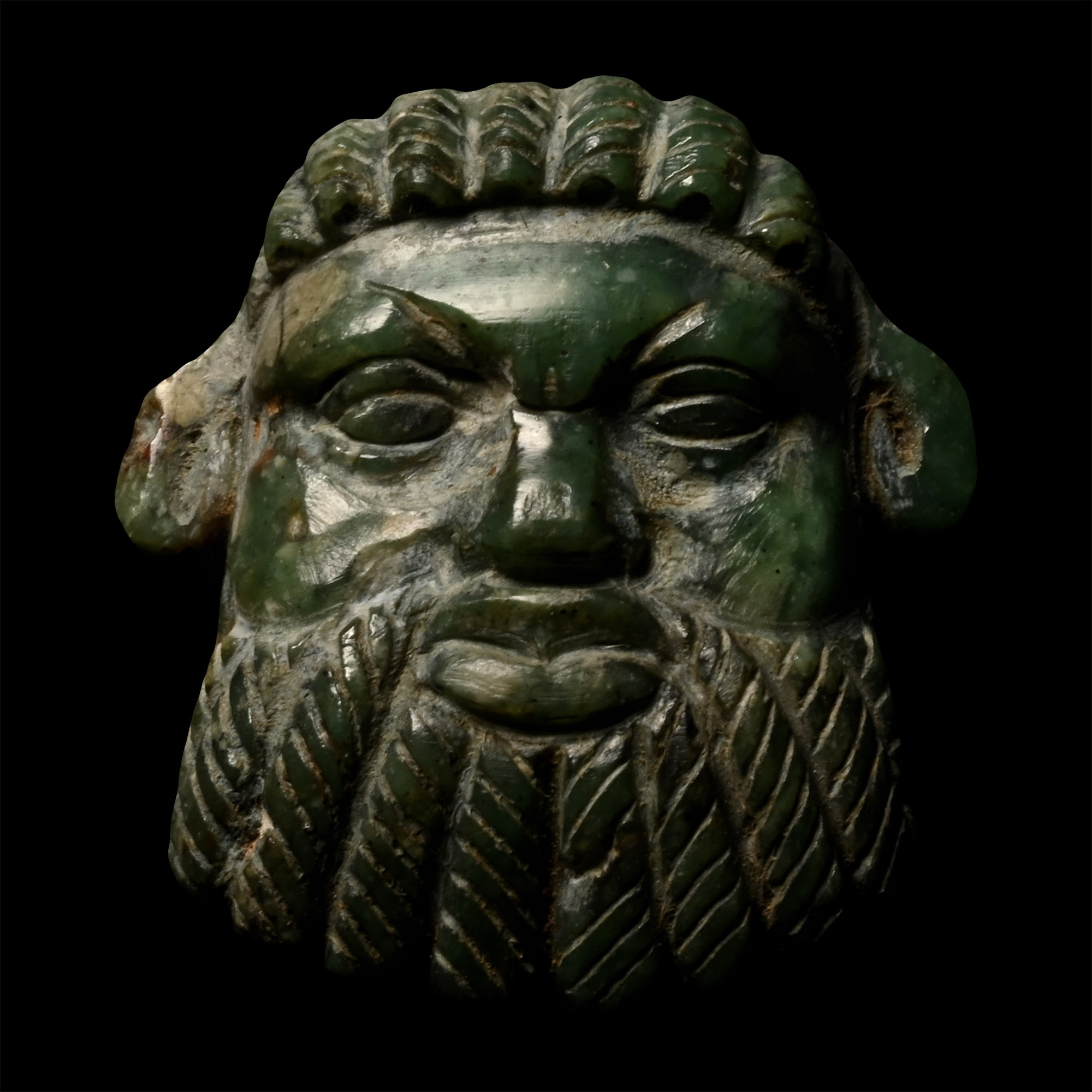 Greek Green Stone Bearded Face Amulet