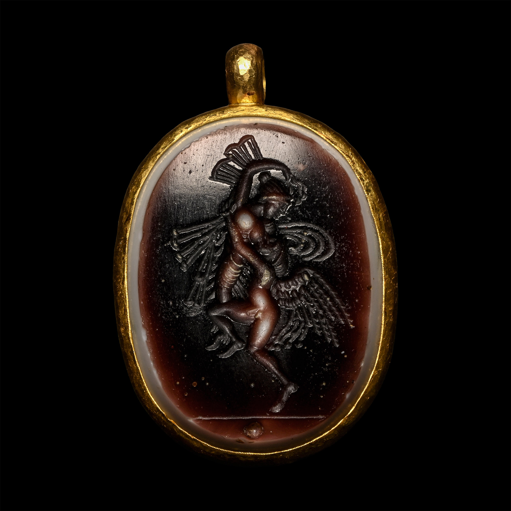 Large Post-Classical Glass Gem with Dancing Figures in Gold Mount