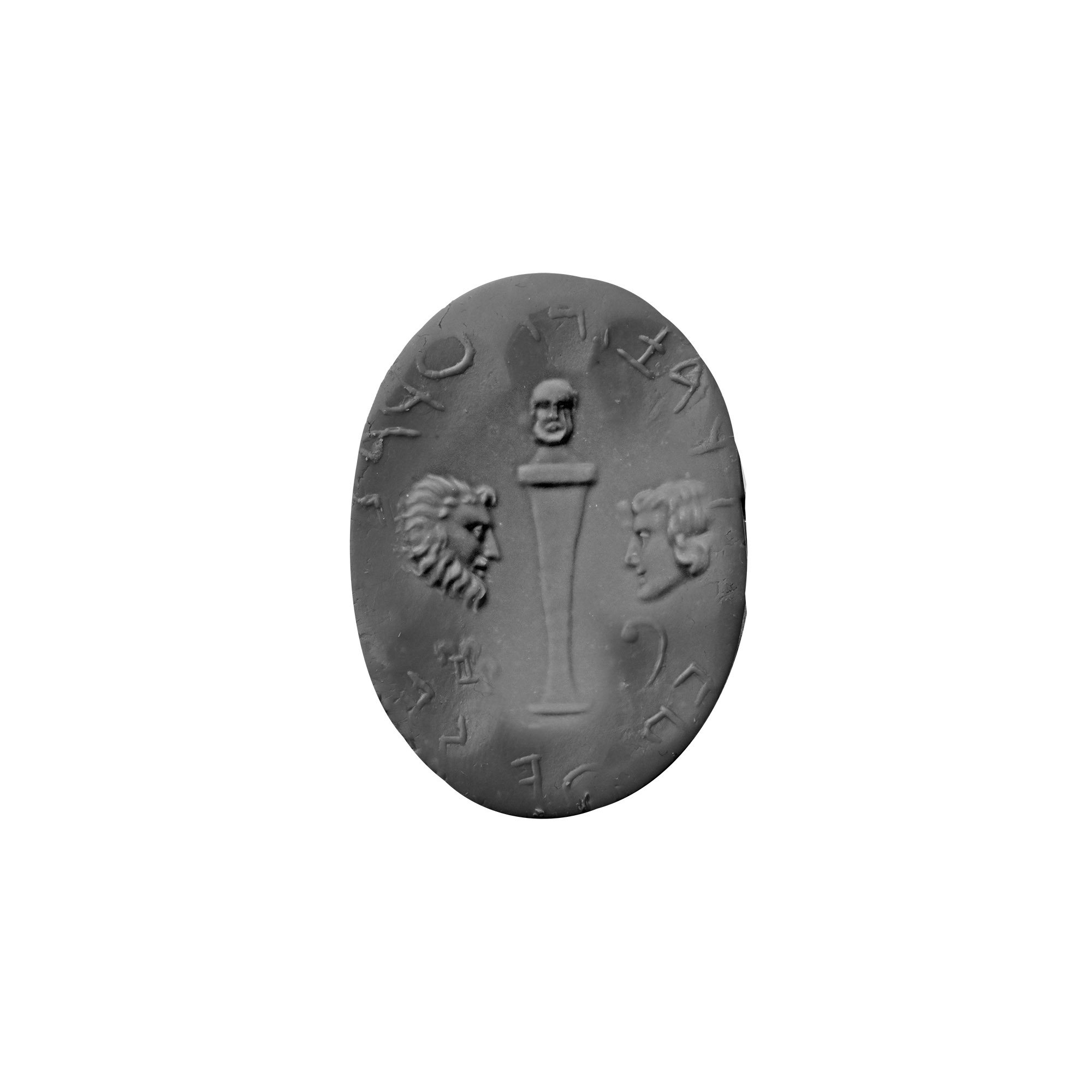 Large Post-Classical Rock Crystal Gemstone with Herm and Two Facing Busts and an Inscription