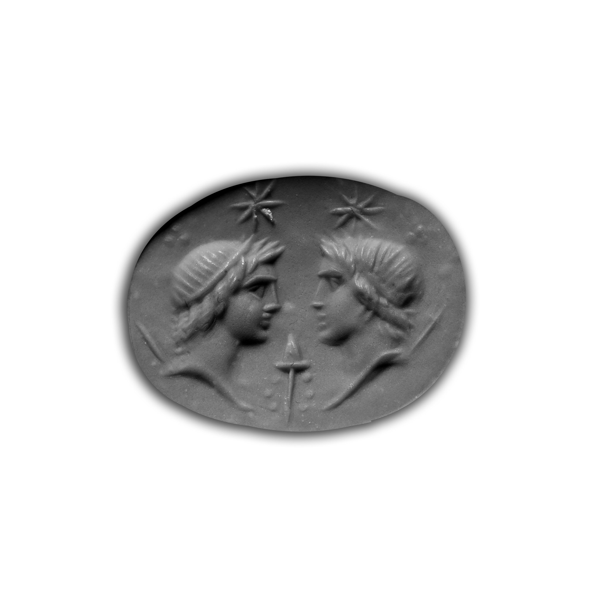 Post-Classical Chalcedony Gemstone with Two Facing Busts of the Dioscuri