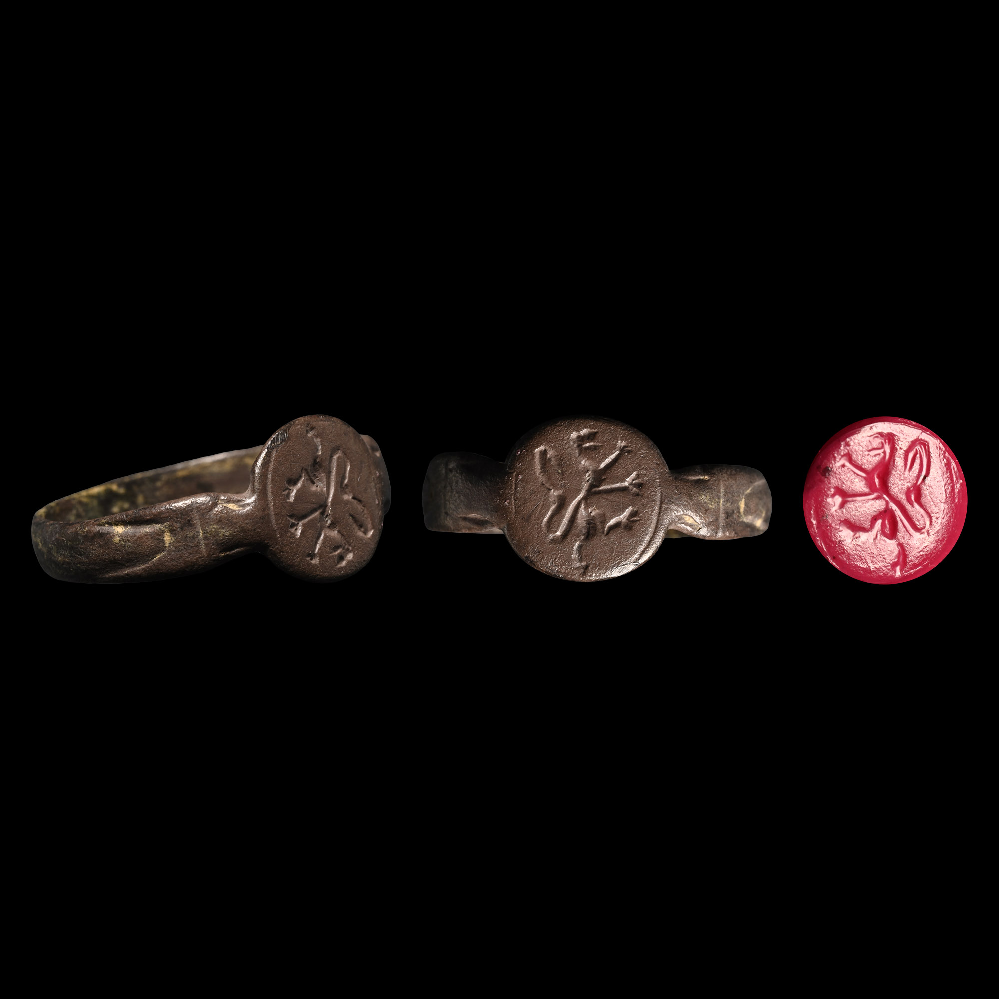 Medieval Bronze Ring with Rampant Heraldic Lion