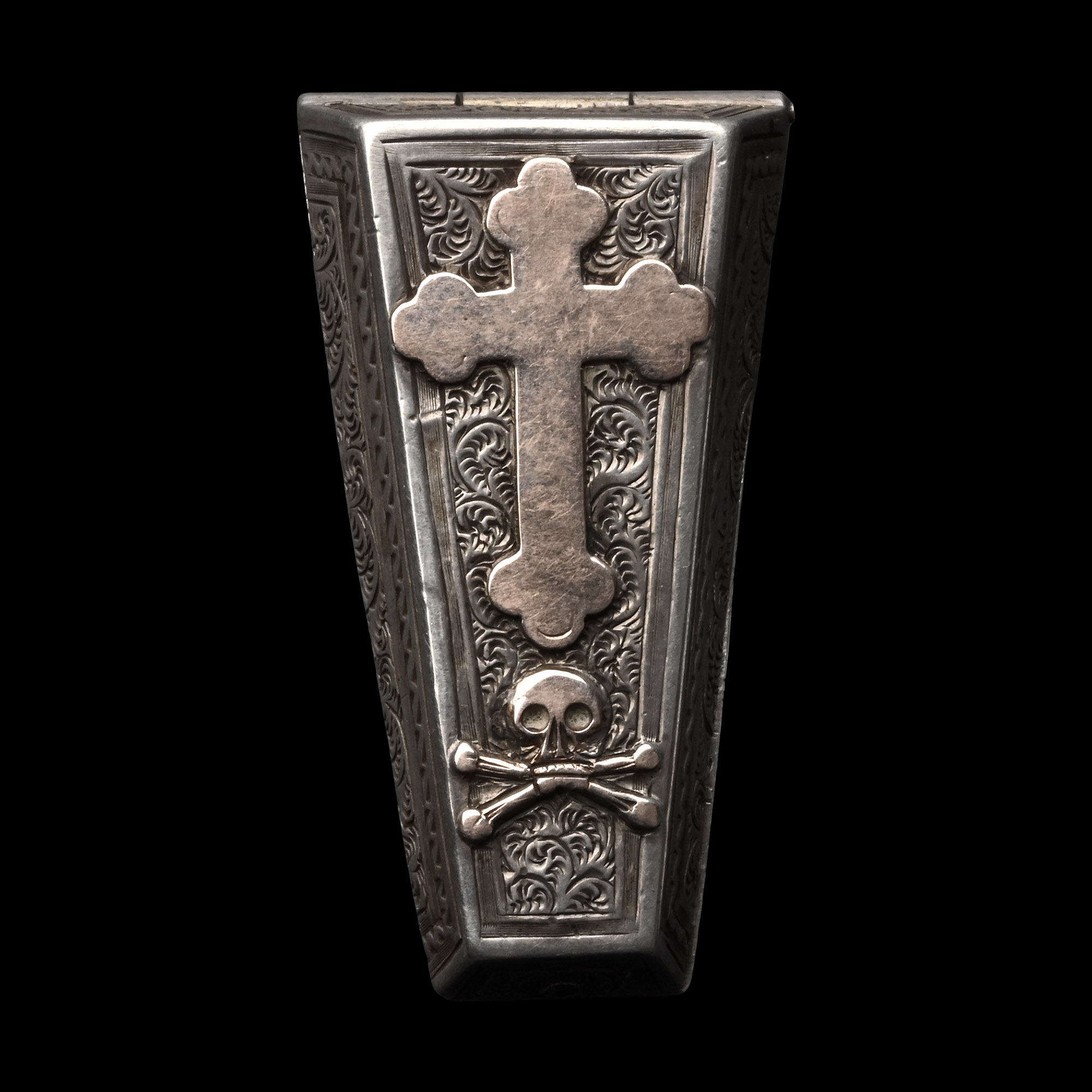 Victorian Silver Memento Mori Lidded Coffin-Shaped Casket with Skull and Crossed Bones
