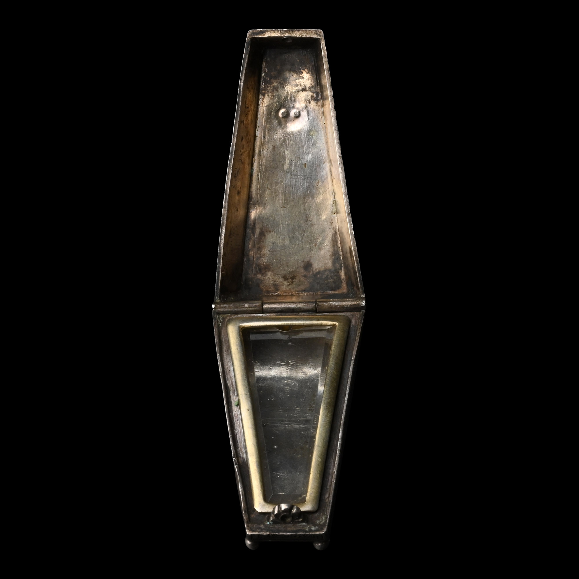 Victorian Silver Memento Mori Lidded Coffin-Shaped Casket with Skull and Crossed Bones