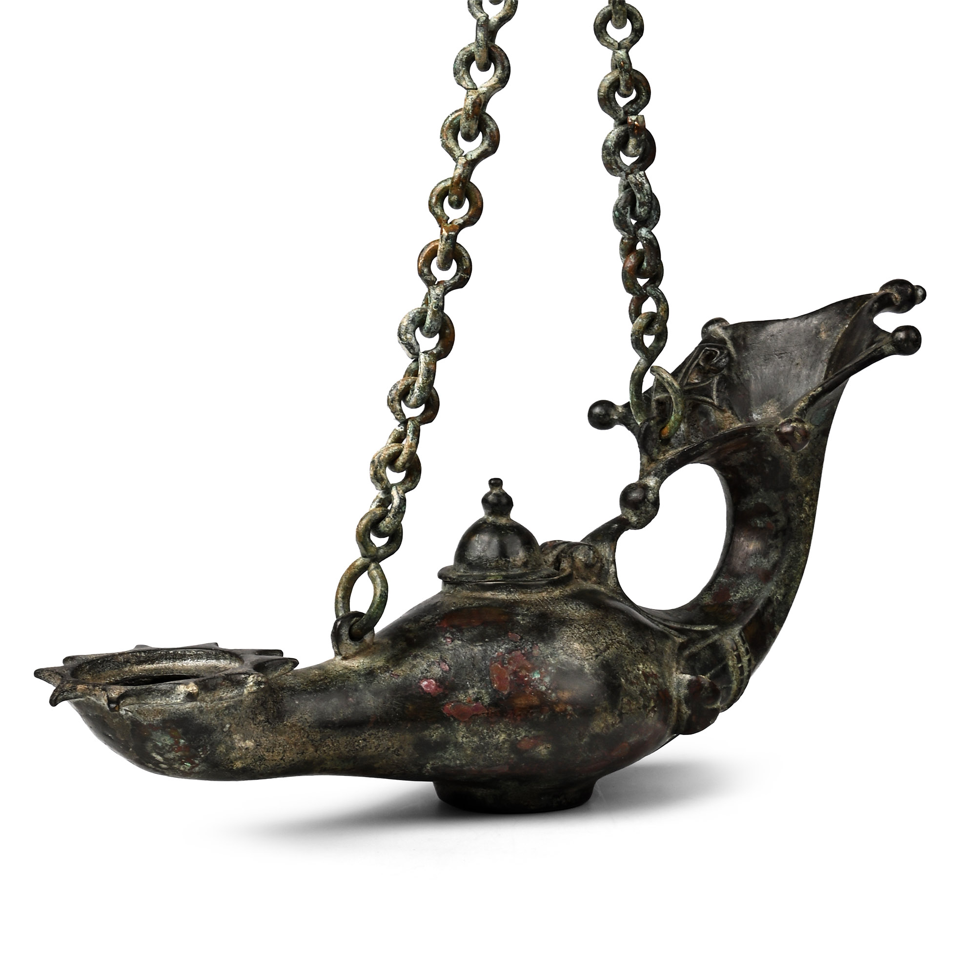 Byzantine Bronze Oil Lamp with Chain and Chi Rho