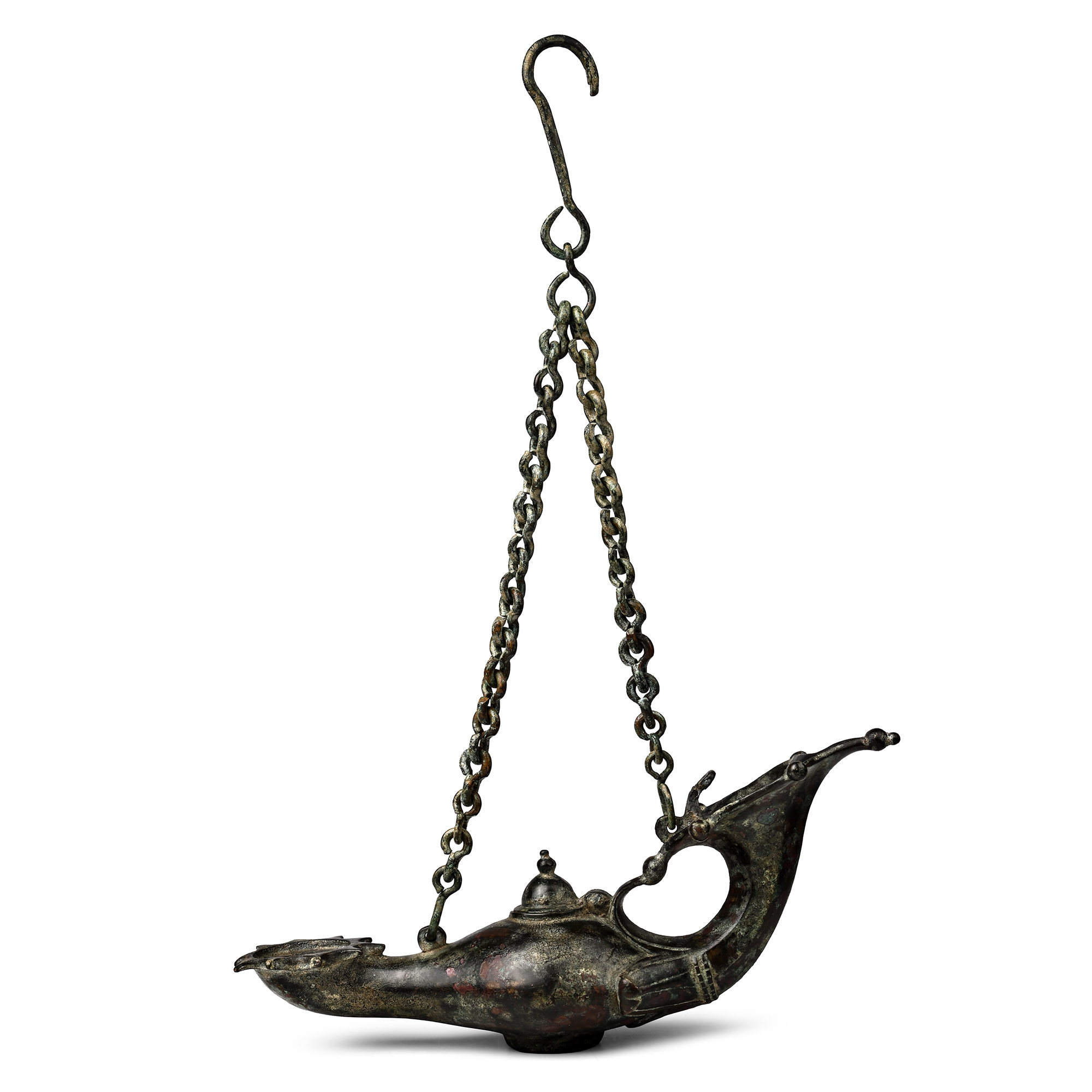 Byzantine Bronze Oil Lamp with Chain and Chi Rho