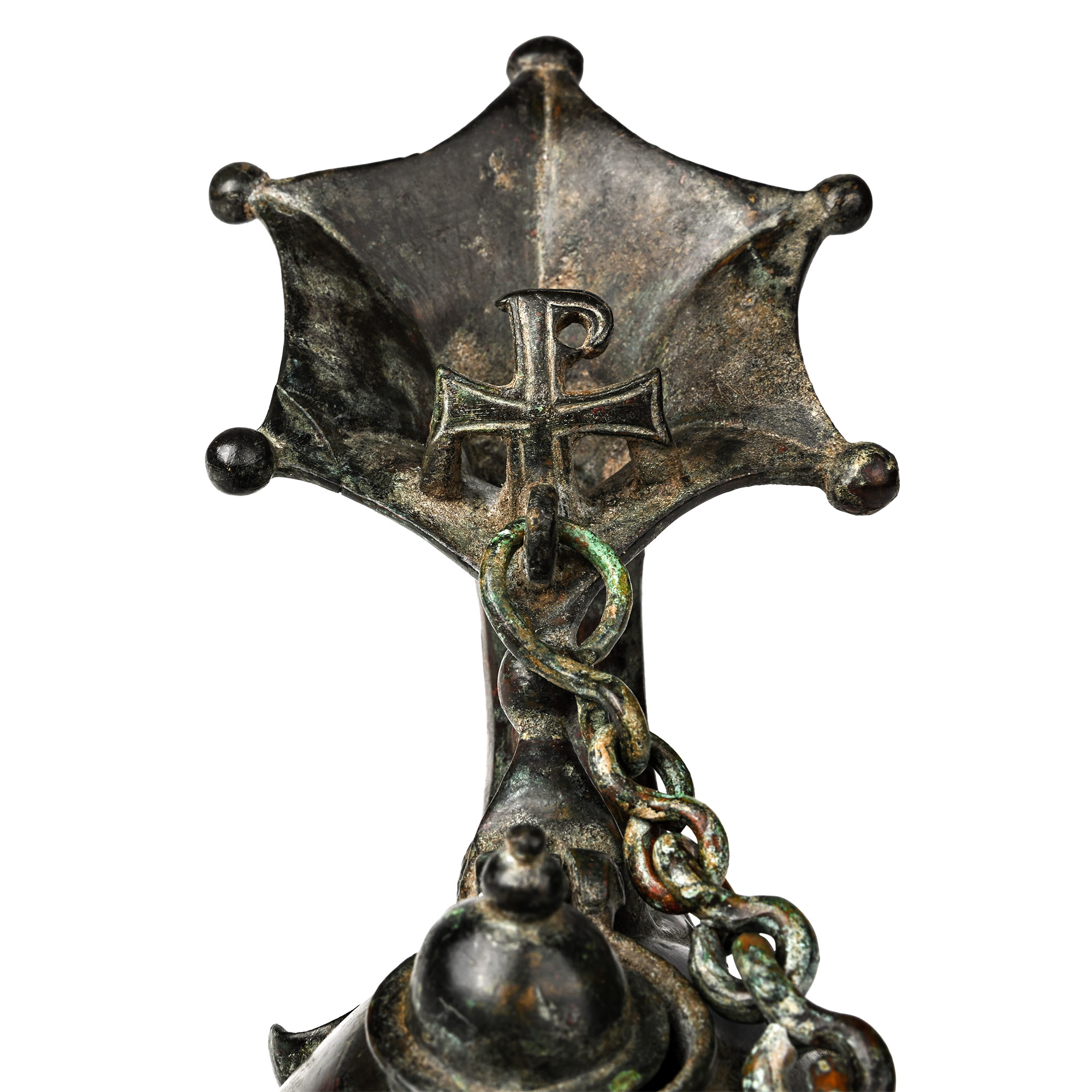 Byzantine Bronze Oil Lamp with Chain and Chi Rho