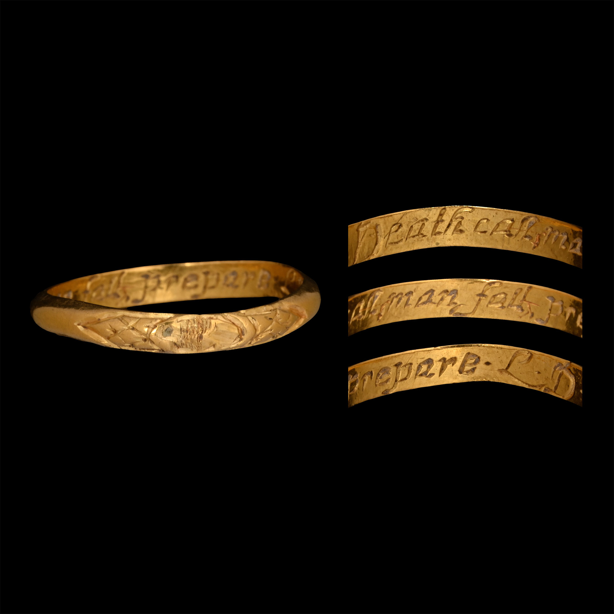 Post Medieval Gold 'Death calls man falls, prepare' Decorated Memento Mori Ring