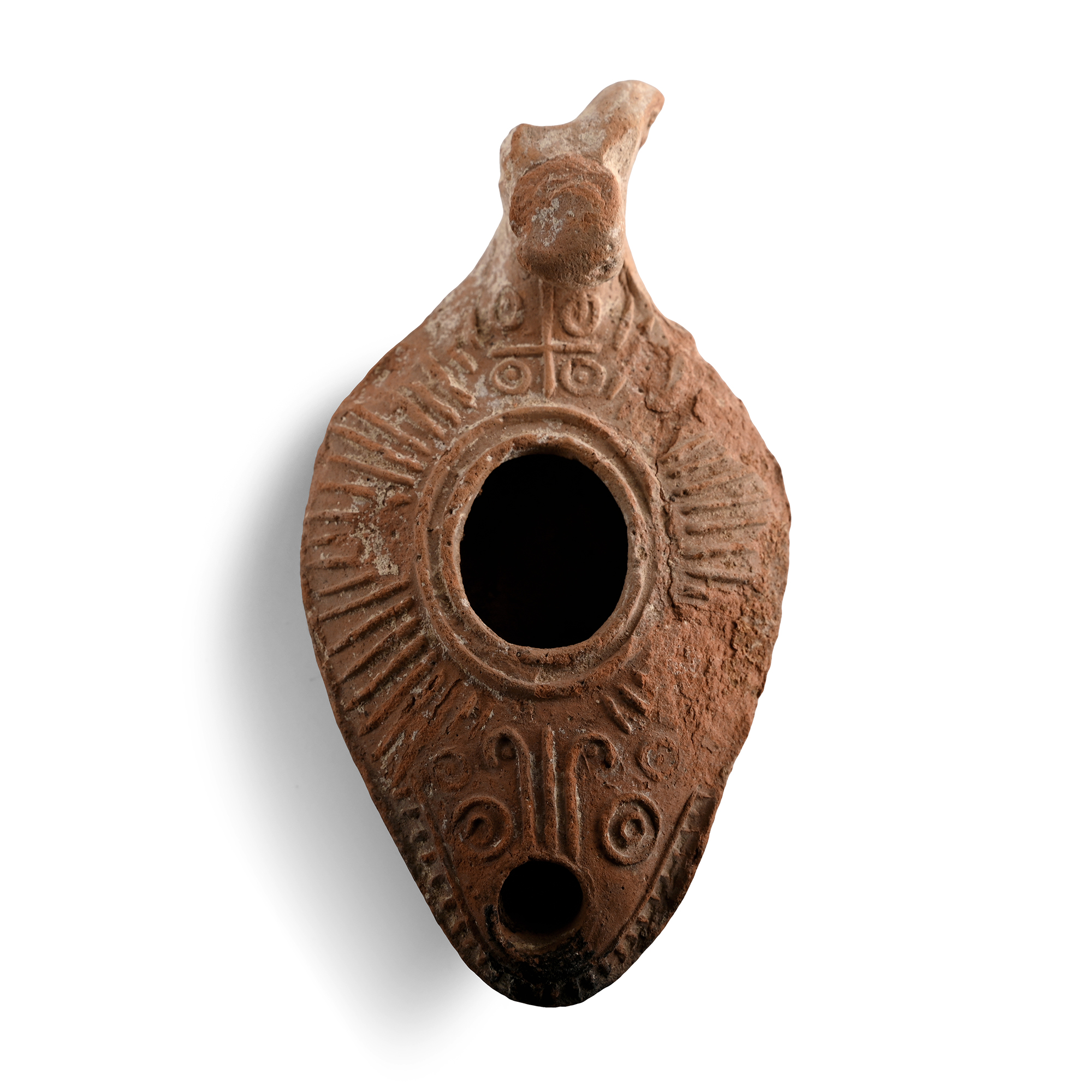Byzantine Terracotta Slipper Oil Lamp with Animal Head and Cross Below