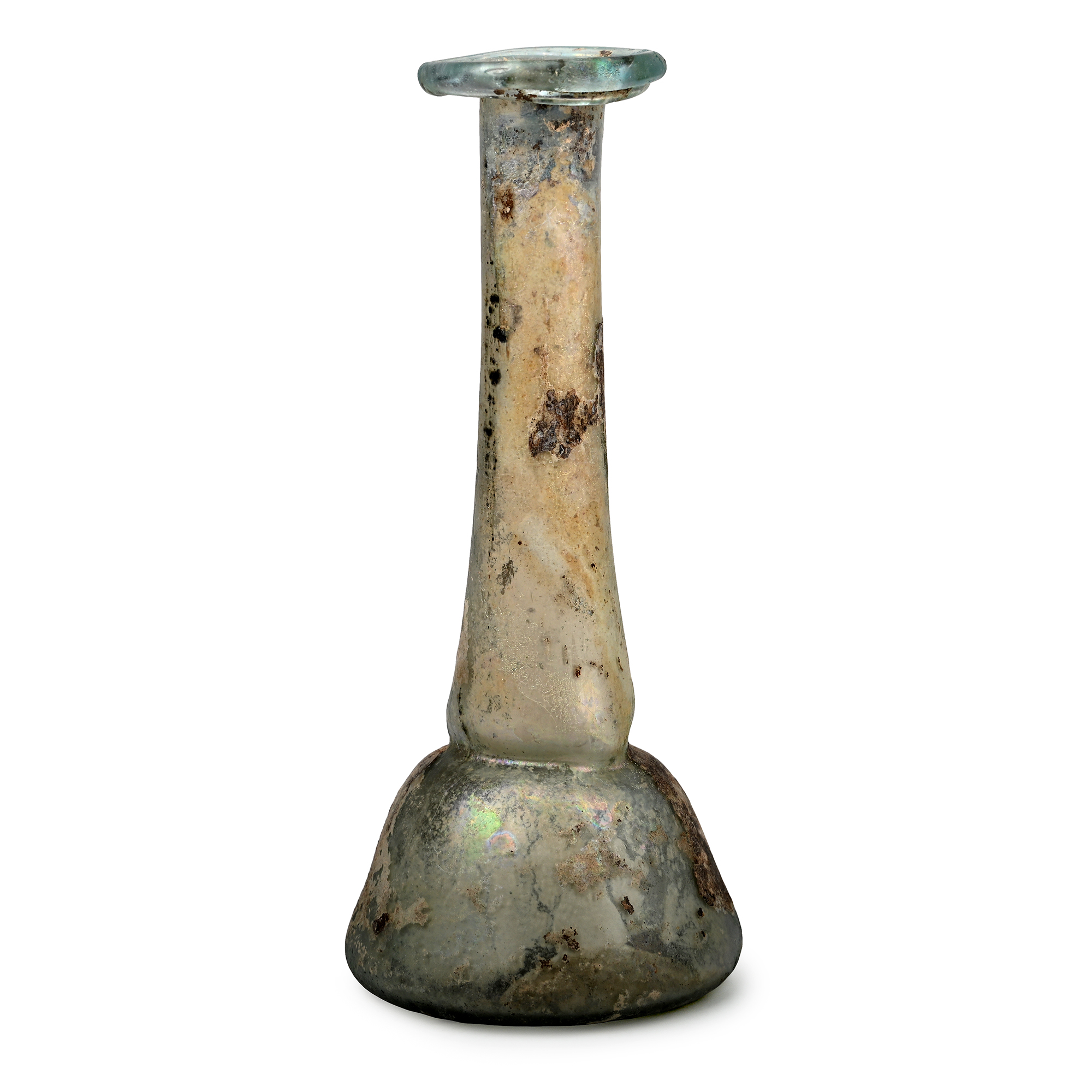 A Roman glass unguentarium with a tall pinched neck and an iridescent, rainbow-weathered surface