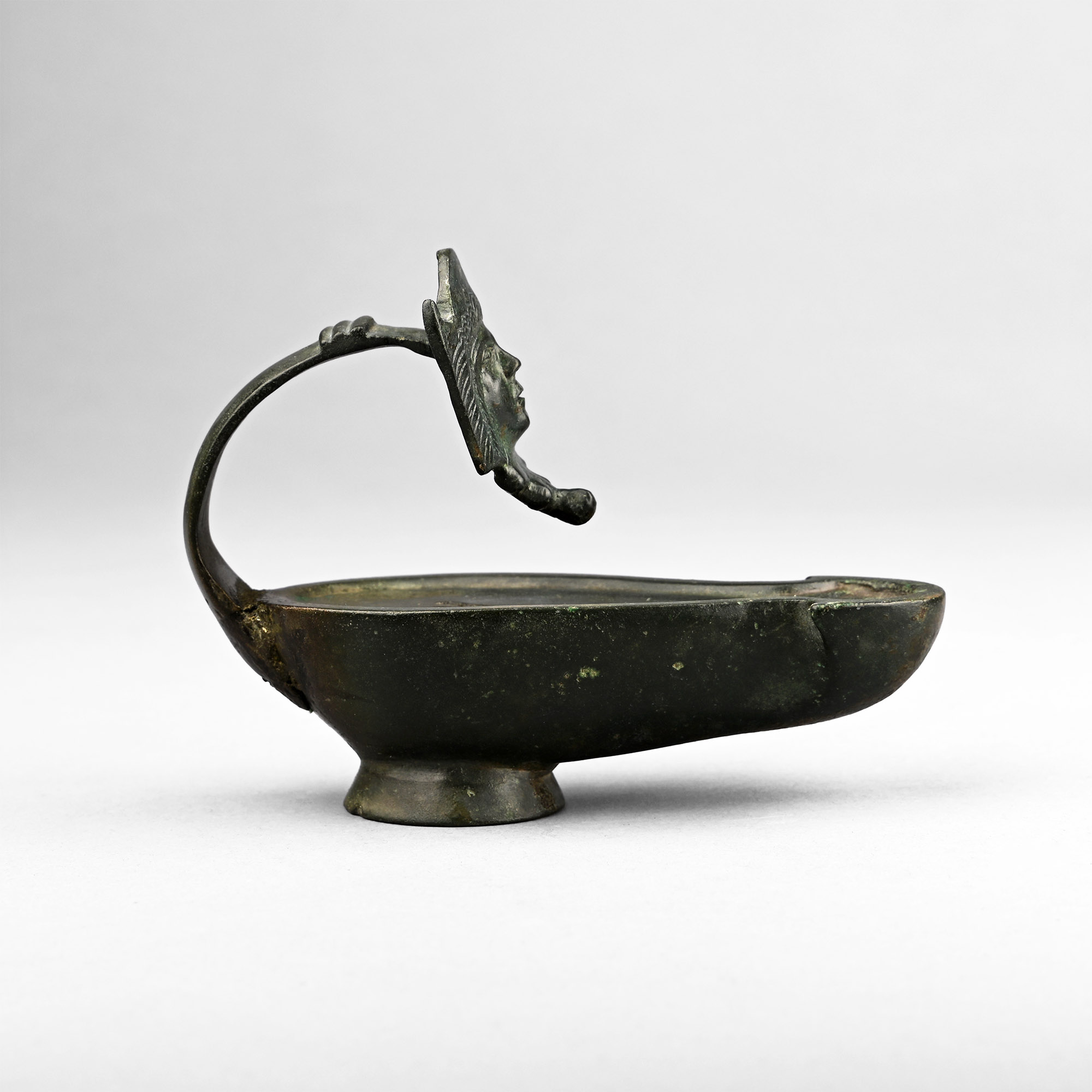 Roman Bronze Oil Lamp with Mask Handle