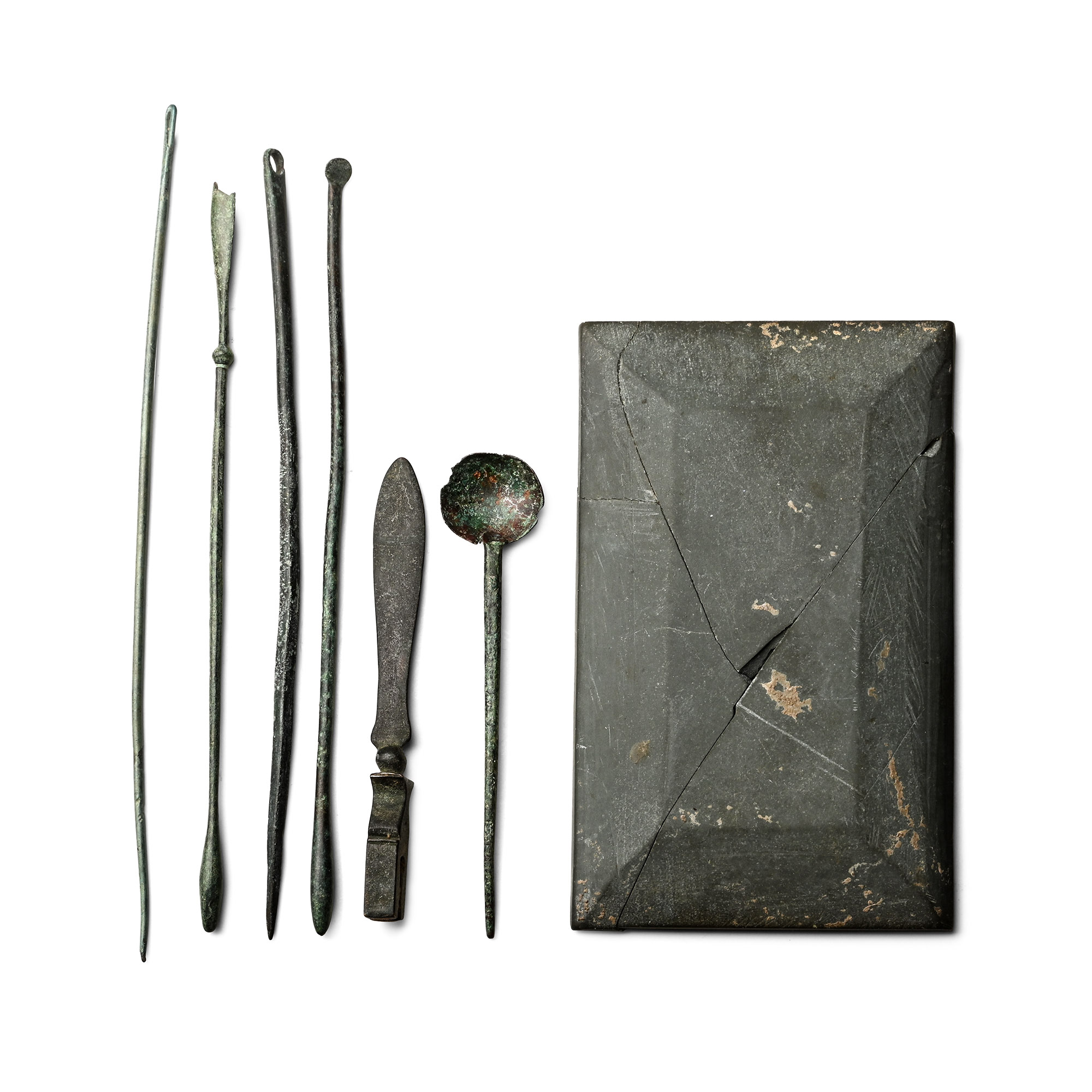 Roman Schist Medical Palette and Bronze Instrument Set