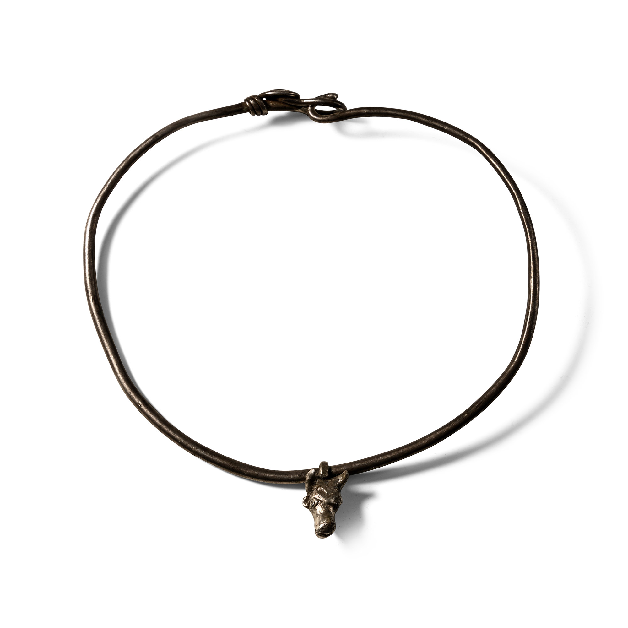 Roman Silver Neck Torc with Bull's Head Pendant